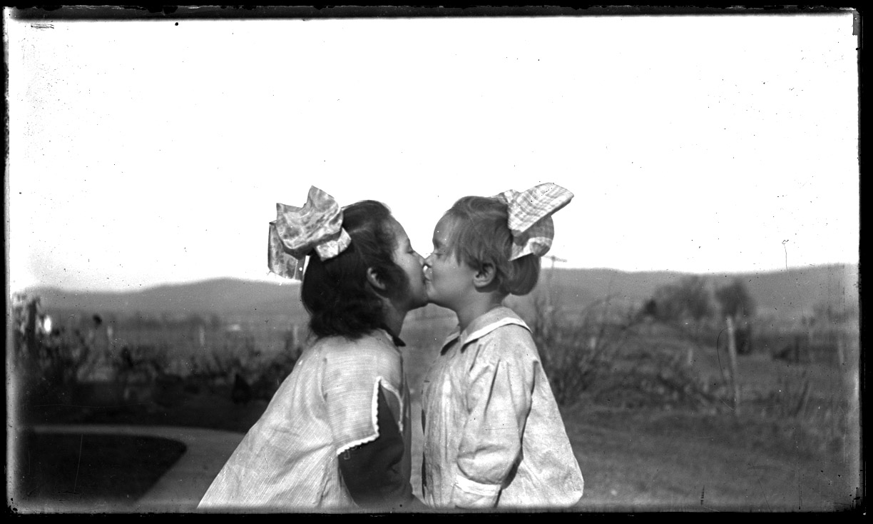 Kissing Girls c.1910 from original 5x7 glass plate negative