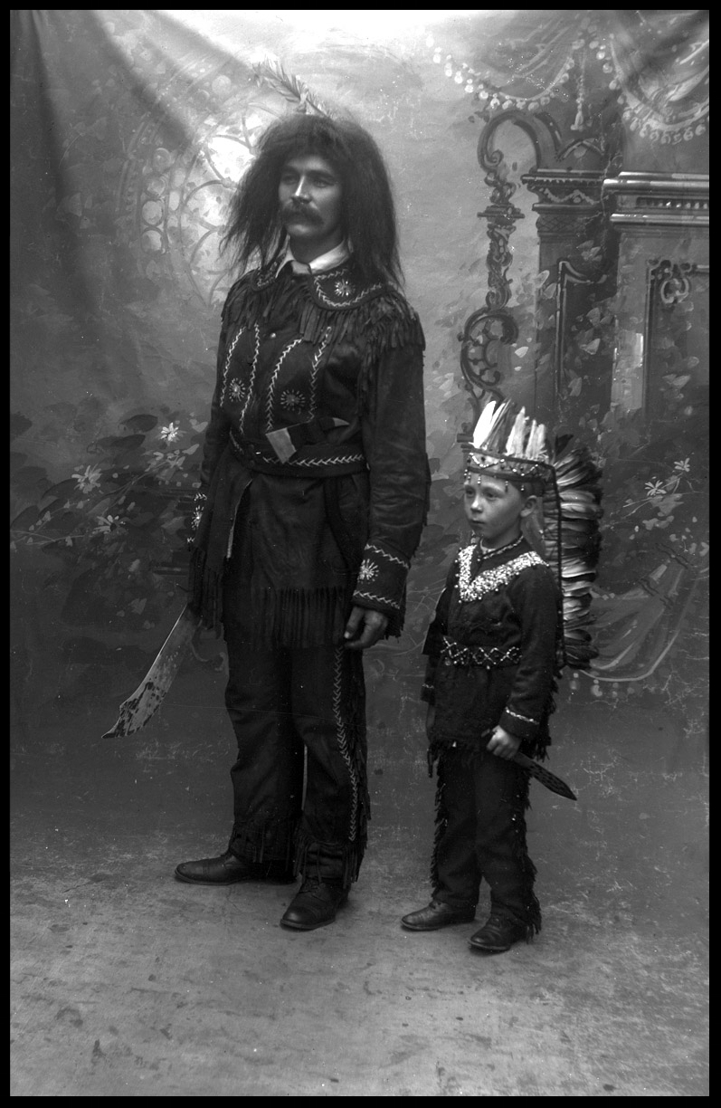 Father & Son in Native American Costumes c.1900 from original 5x7 glass plate negative