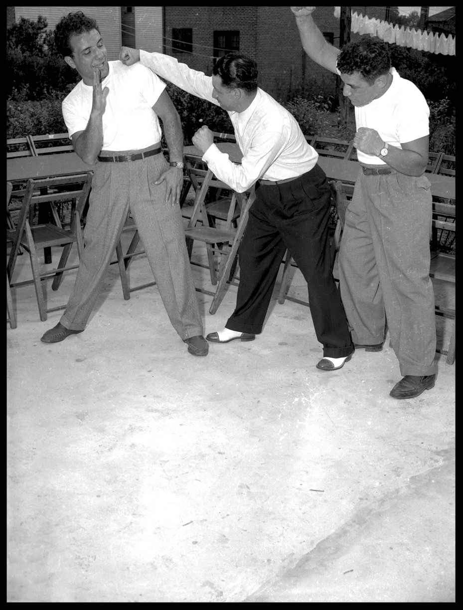 "Raging Bull" Jake Lamotta ( Left ) Clowning Around With Friends c.1945 from the original 4x5 negative