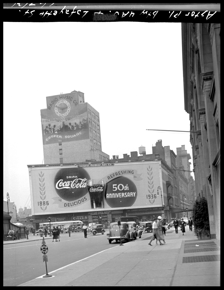 50th Anniversary Coca-Cola Advertisement at Astor Place, East Village, NYC c.1936 from the 4x5 negative