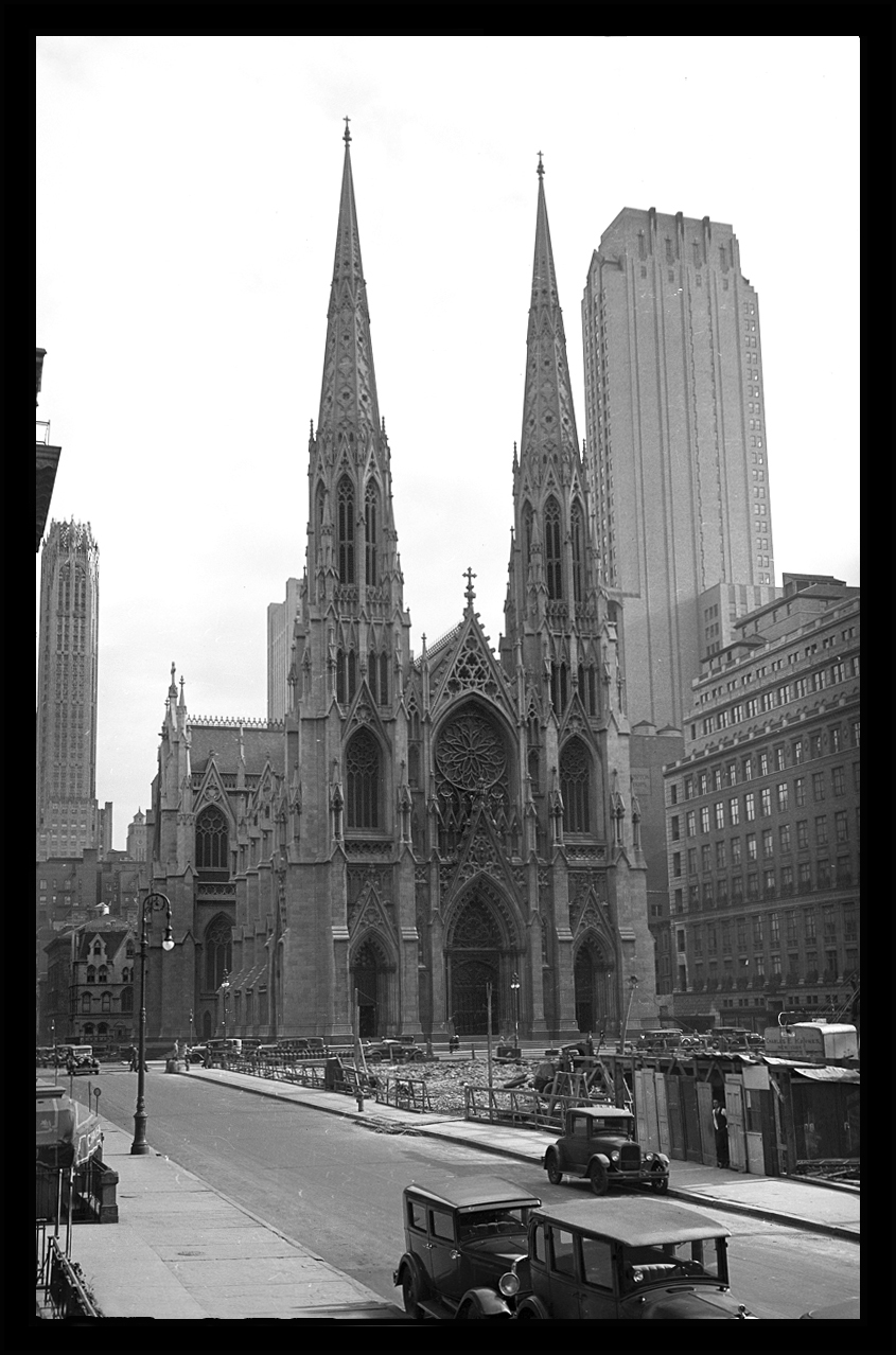 St.Patricks Cathedral &amp; the Construction of Rockefeller Center c.1932 from original 4x5 negative