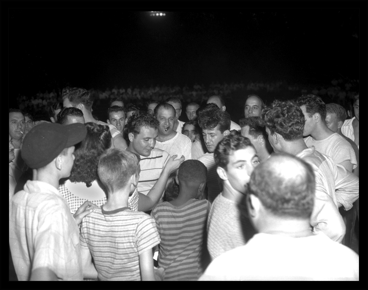 Original Raging Bull Jake LaMotta &amp; Rocky Graziano ( center ) Surrounded by Crowd c.1945 from original 4x5 negative