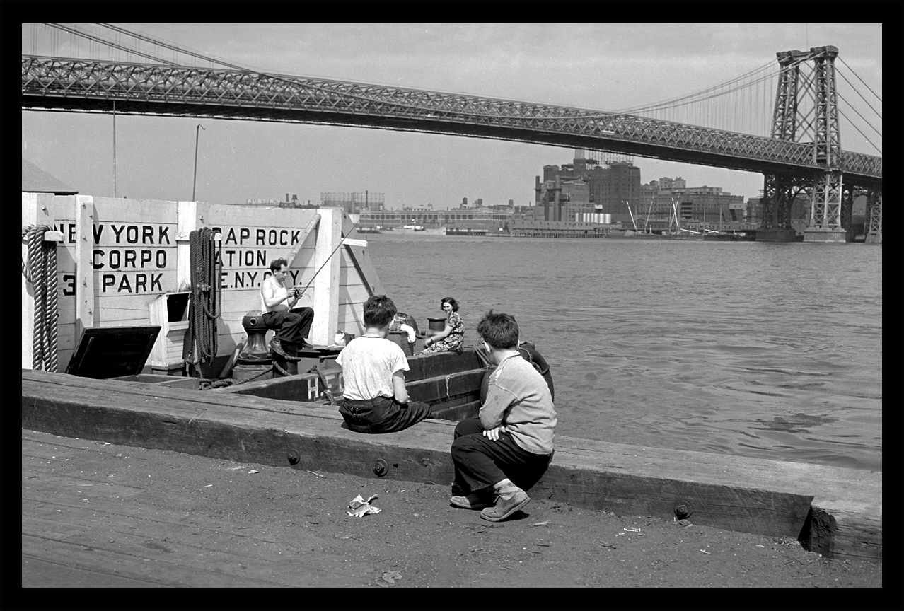 Boys Fishing Under The Williamsburg Bridge Looking At Domino Park Manhattan c.1939 4x5 negative