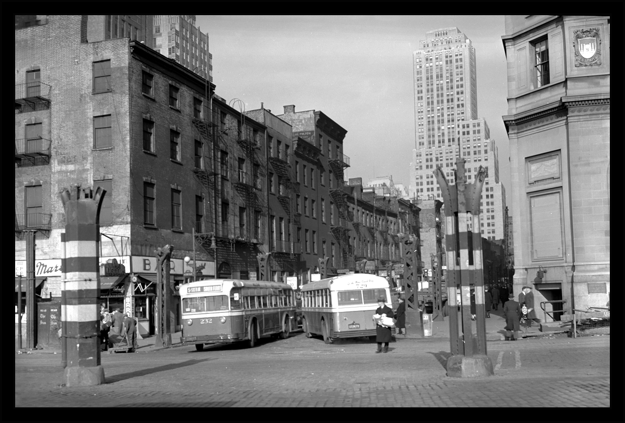 Greenwich St &amp; Battery Pl, Old MTA Bus, NYC, c.1940,original 4x5 negative