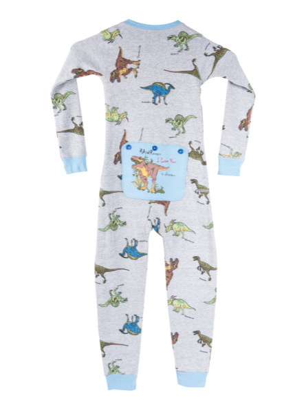 Dinosaur Union Suit Boys & Girls one piece Pajamas T-Rex on Rear Flap 