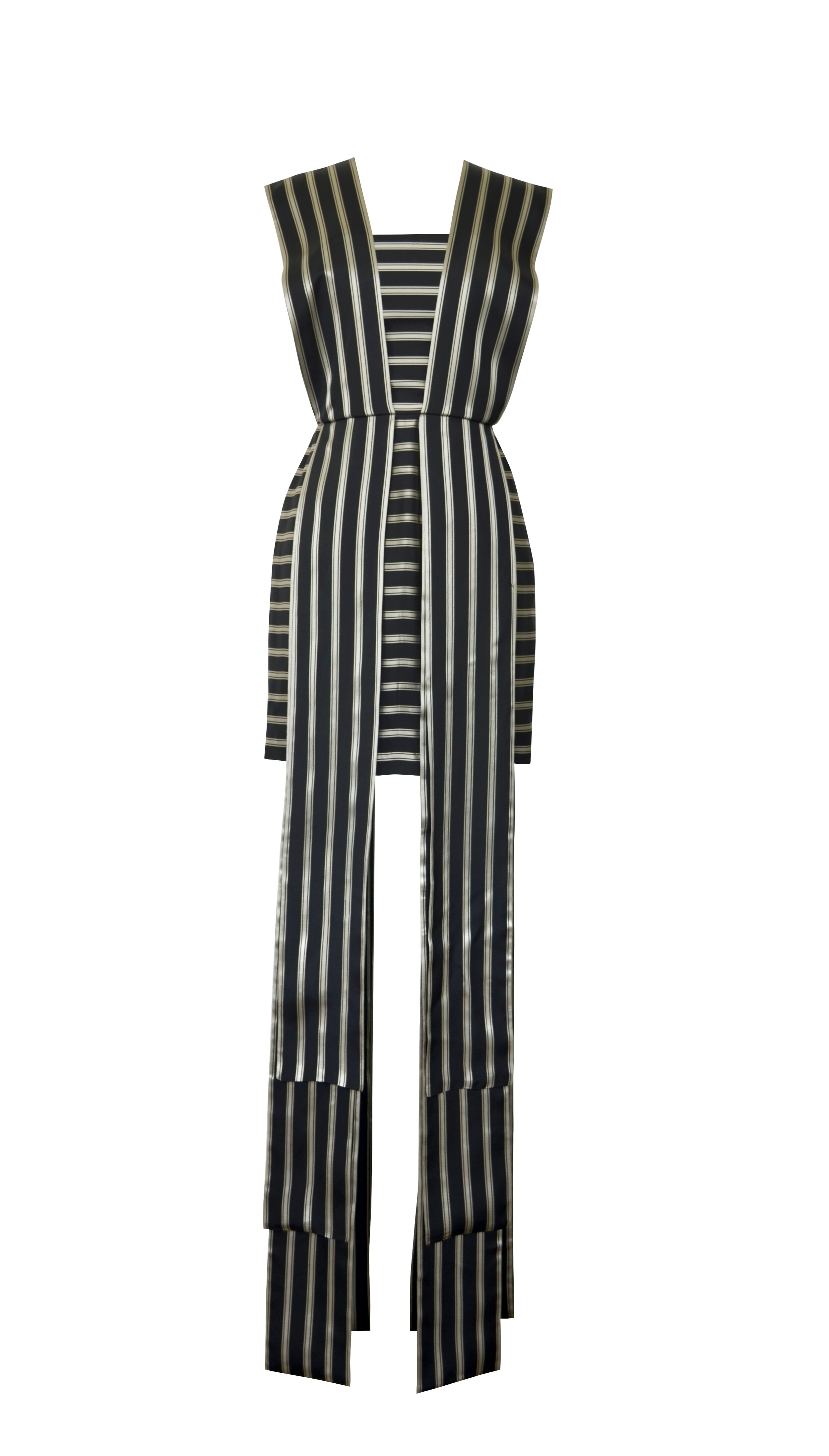 Golden Striped Short Dress with Long Sashes