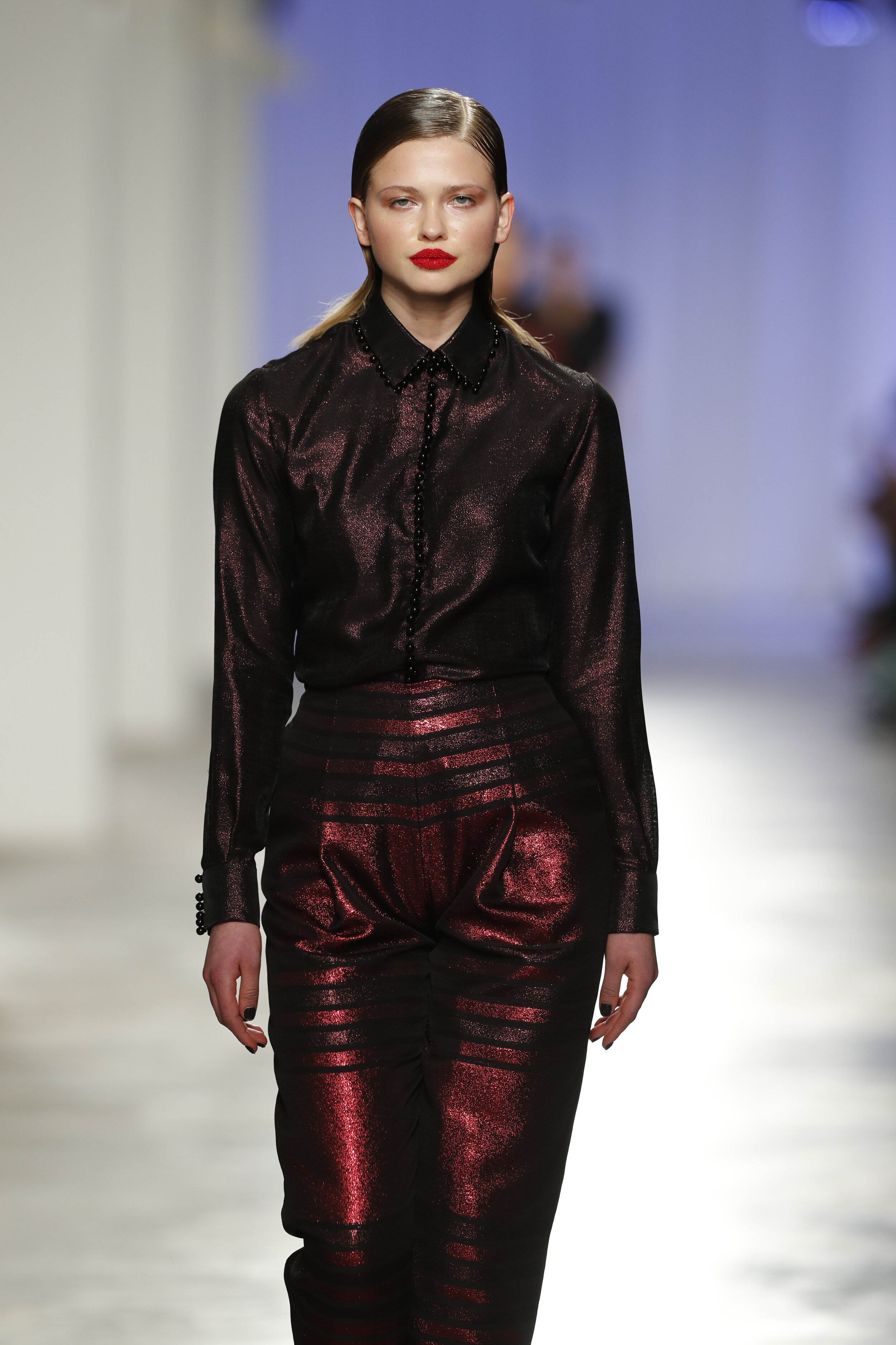 Shiny Shirt with Front Pearls