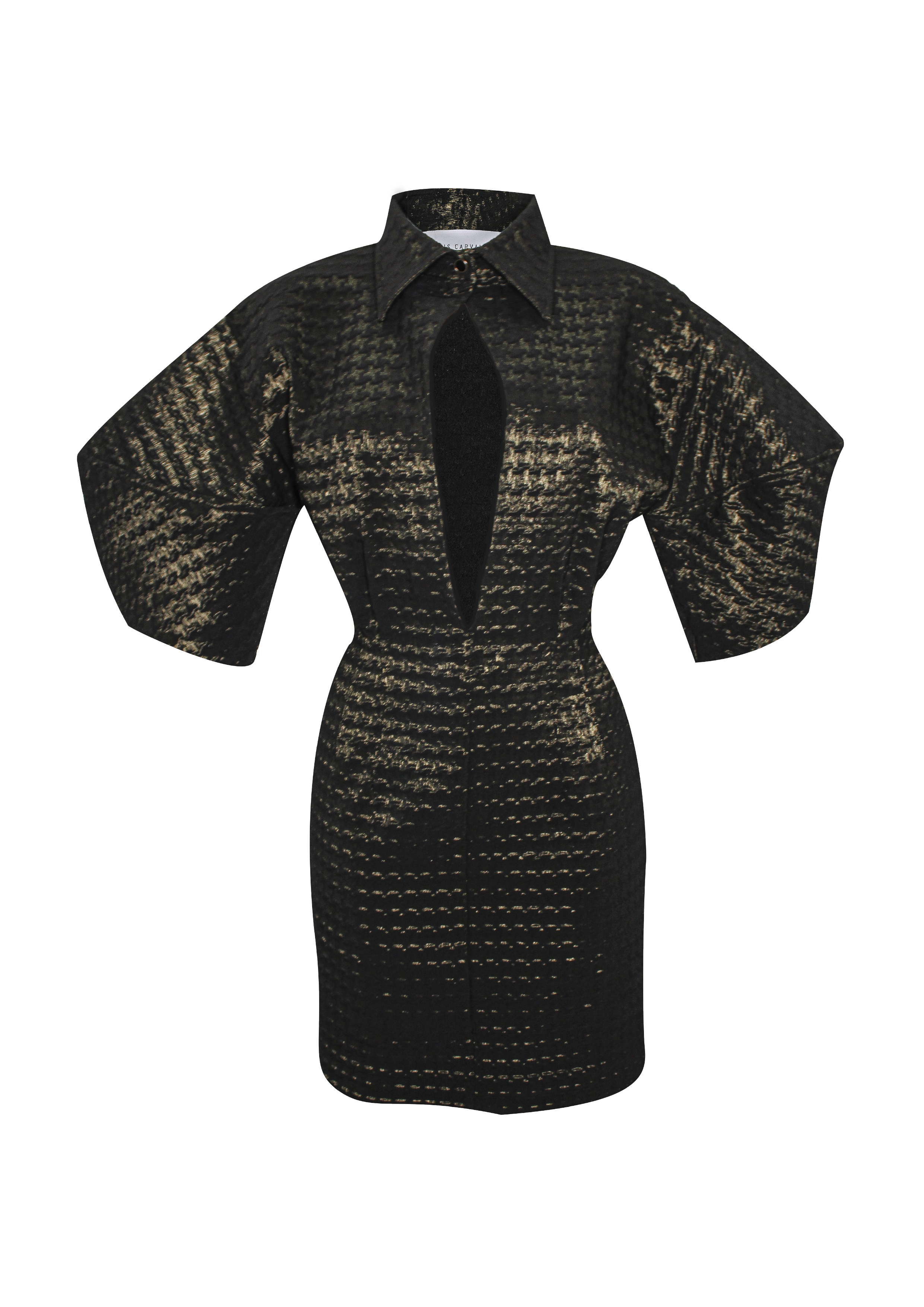 Gold Pied Poule Mini Dress wirh Sleeves