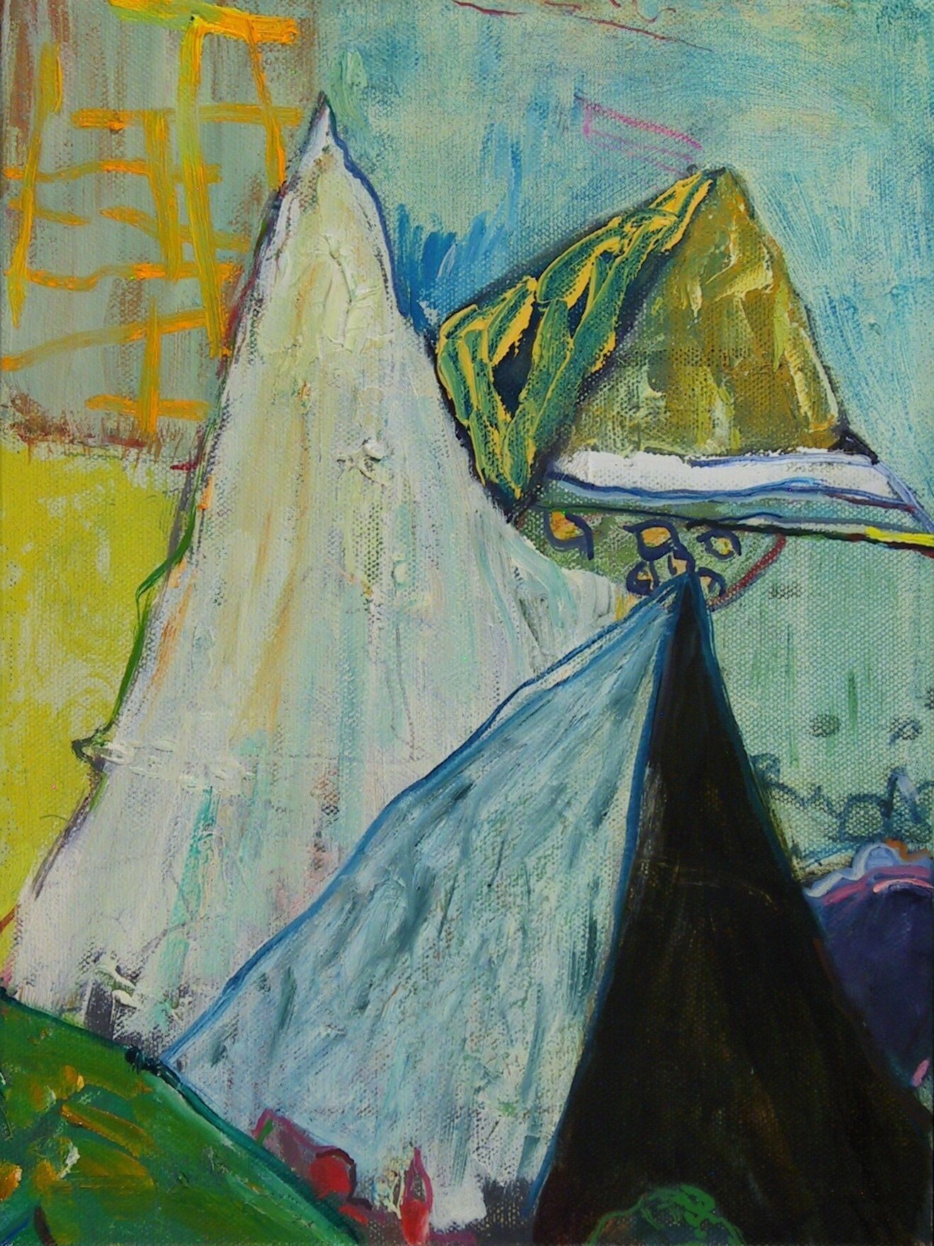 Three Peaks  2020  oil and collage on canvas  12" x 9"