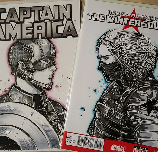 &ldquo;Captain America &amp;&amp; winter soldier&rdquo; (commission) &mdash;- so much fun drawing these guys 😍😎.
.
.
.
.
.
#commissionsopen #commission #commissionart #marvel #blankcover #blankcoversketch #blankcovervariant #blankcovercommission #b
