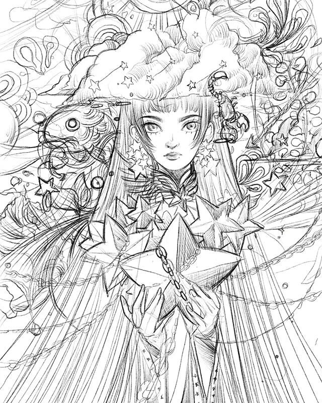 &ldquo;Ask the stars&rdquo; - progress shot.
For October I want to focus on finishing a piece till the end (from concept sketch all the way to colored)

P.s I&rsquo;m still alive lol!
.
.
.
Scroll right to see timelapse &gt;__&lt; #inktober #digitali