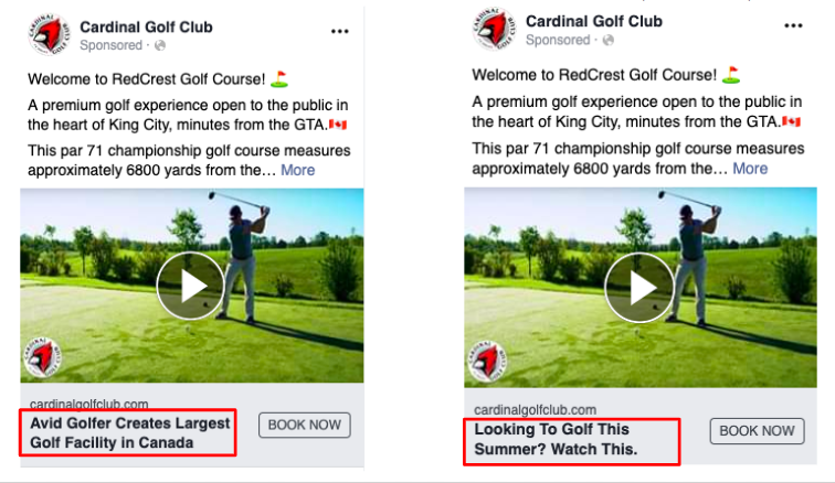 Cardinal Golf Club: Testing Different Headlines with a “Book Now” Button for Tee Times.