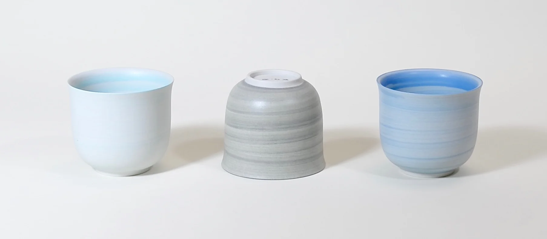 Tulip tea cups in robin egg, slate and cornflower, 3 1/8" x 3 3/8" (8 cm x 8.5 cm)
