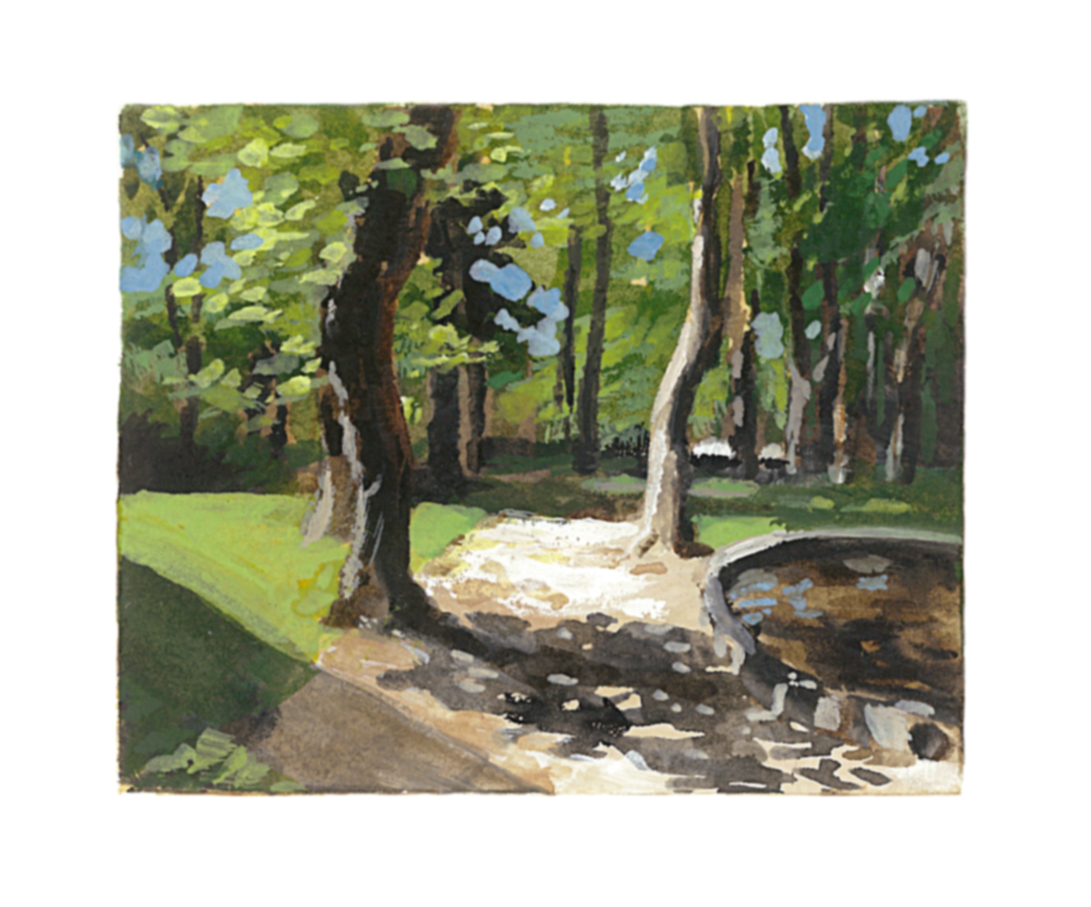 French Park Miniature Plein Air Watercolor Painting Of Sunlight