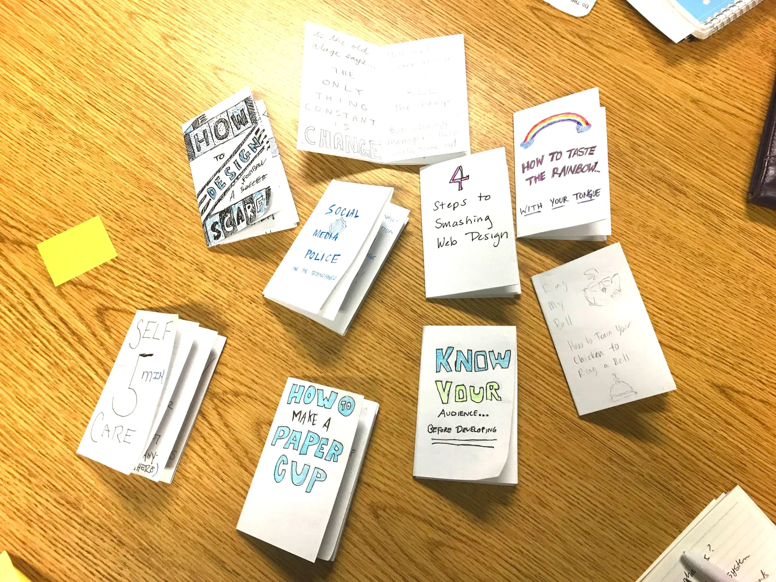 From Social Media Rules for Seniors to How to Train a Chicken to Ring a Bell, the workshop group shared diverse and awesome knowledge in their zines!