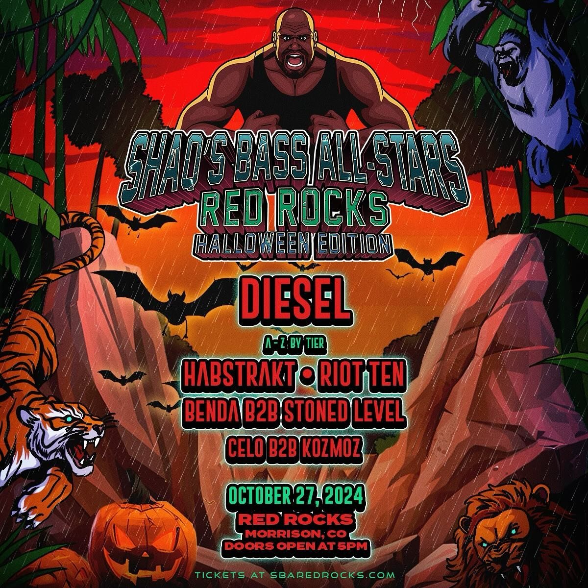 Mark your calendars for @DJDIESEL&rsquo;s first headlining show at @RedRocksCo and the biggest @ShaqsBassAllStars to date on October 27th 🔊🎃