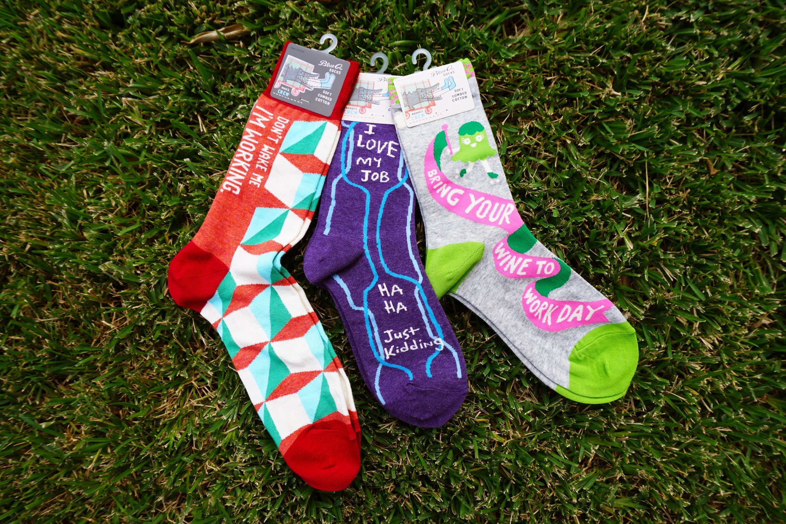 Blue Q Socks We have joined the sock mania craze with these sassy socks and 1% of the total sales supports the humanitarian work of Doctors Without Borders .