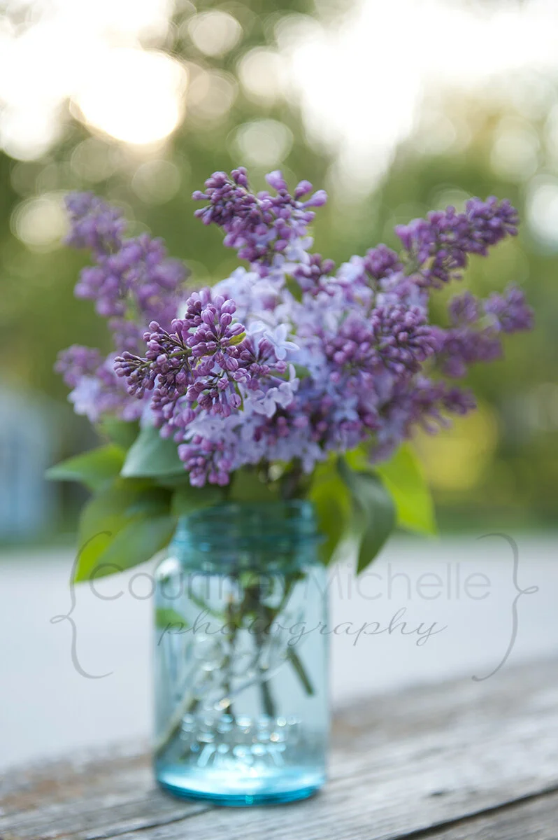 purple lilacs in a blue mason jar