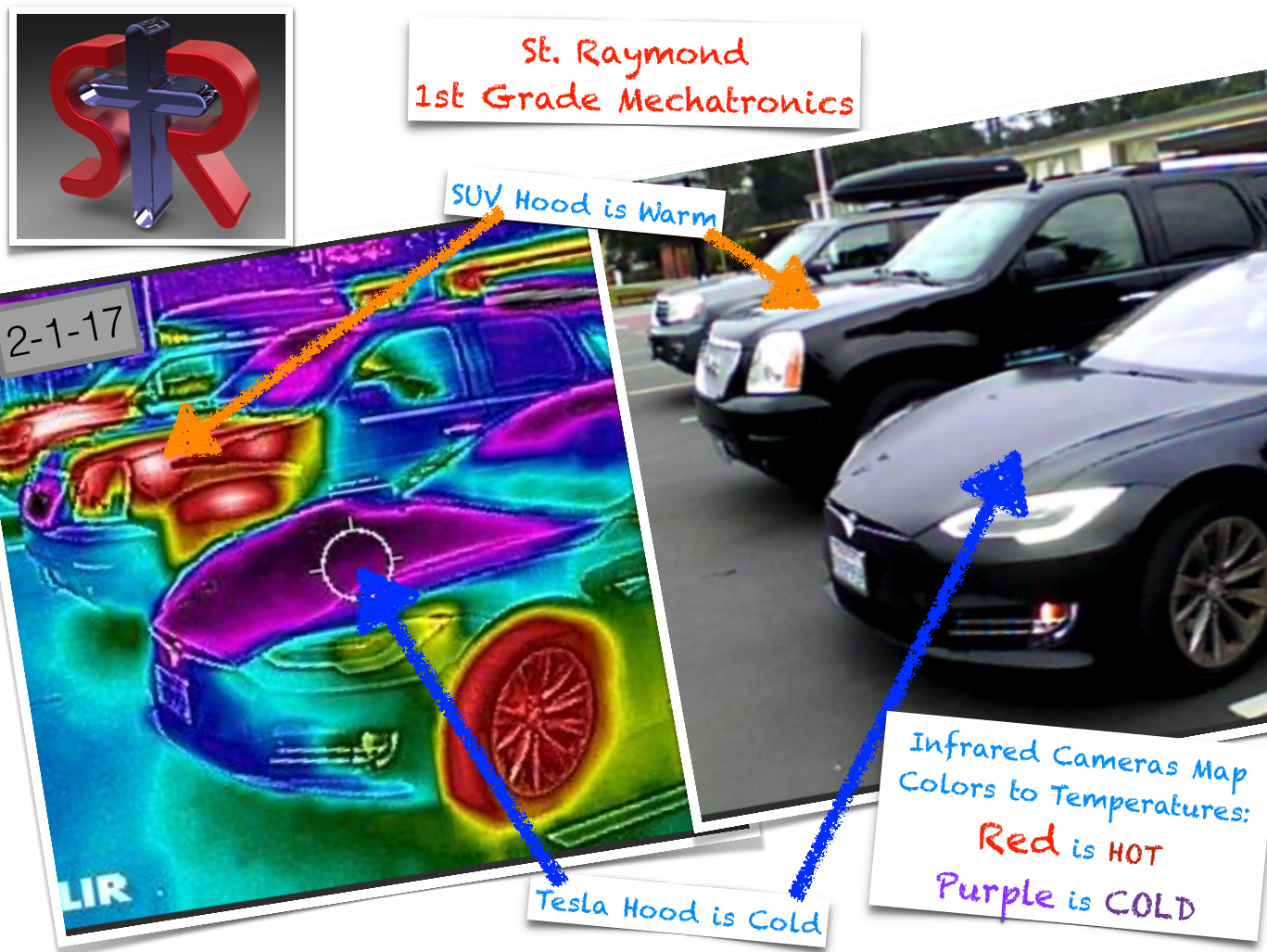 The St. Raymond parking lot on February 1st, 2017. Note the hood of the Tesla vs. other hoods in the parking lot. 