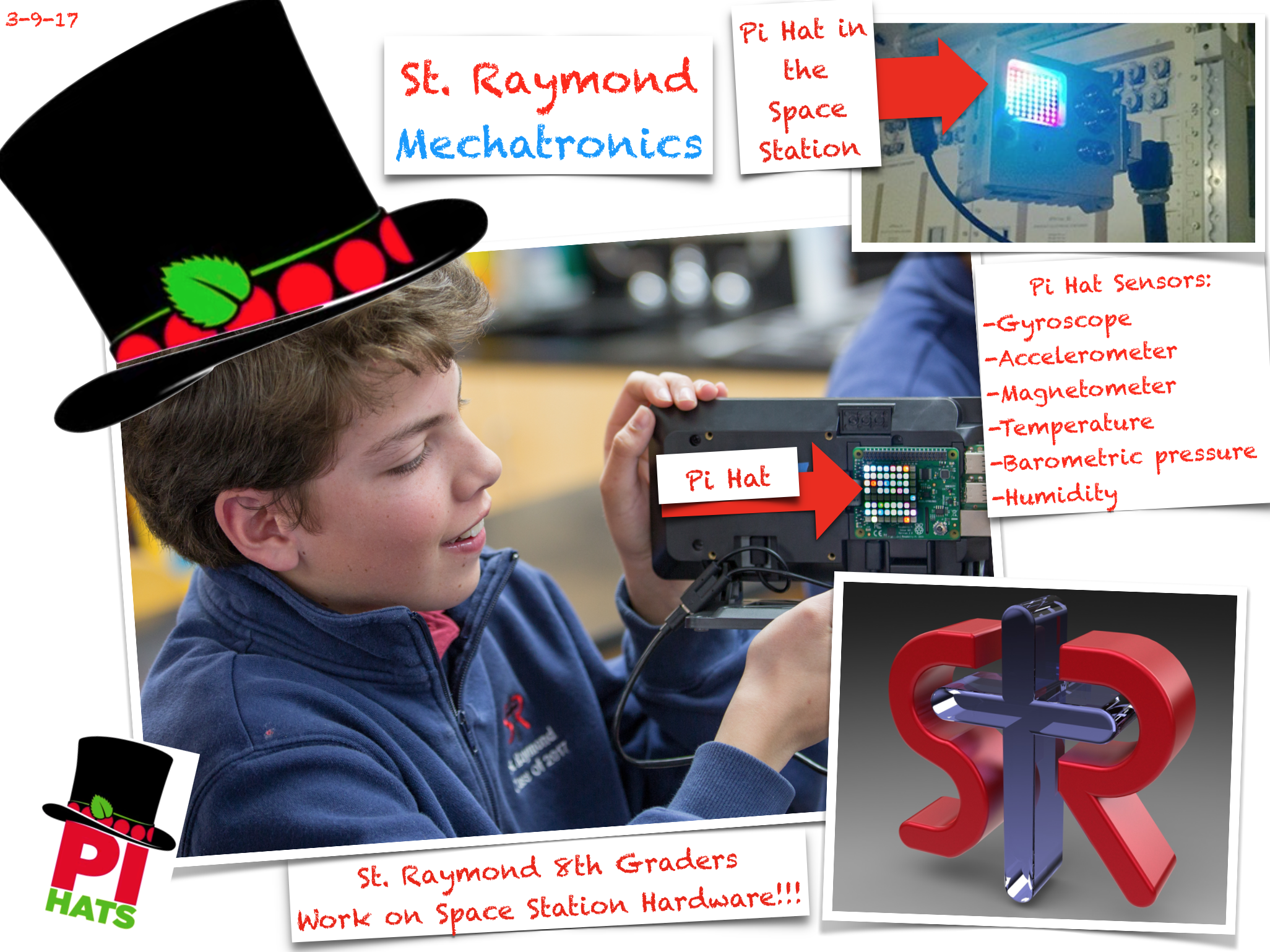 The Pi Hat has six sensors: Gyroscope, Accelerometer, Temperature, Barometer, and Humidity. It also has outputs with a 8x8 LED matrix and inputs with a 5 position joystick in addition to full GPIO pin access.