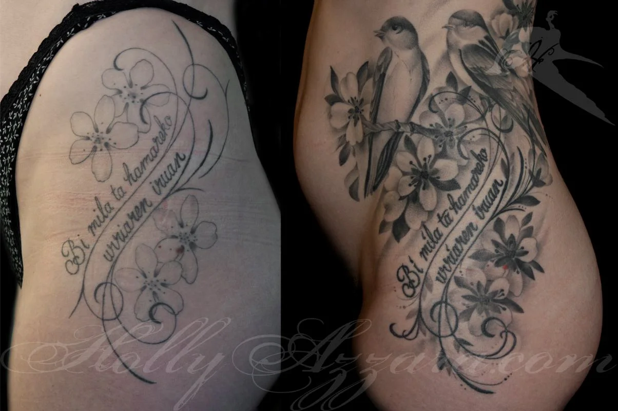Birds and flowers coverup detail before and after