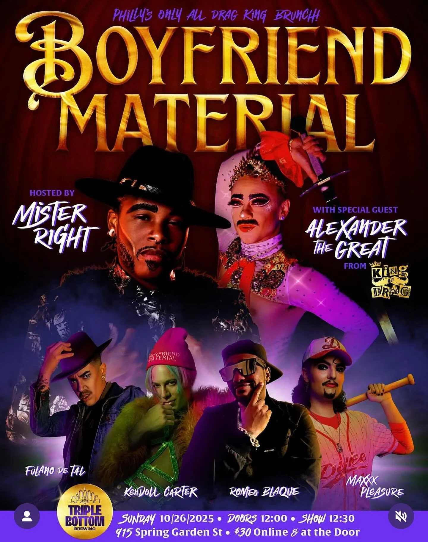 The boys are back in the taproom this month! Join us for the ONLY Drag King Show in Philly on Sunday, Oct 26th.🤴They have an incredible cast for us and we&rsquo;re so excited to have them back! Grab tickets ahead of time (link in @boyfriendmaterialp