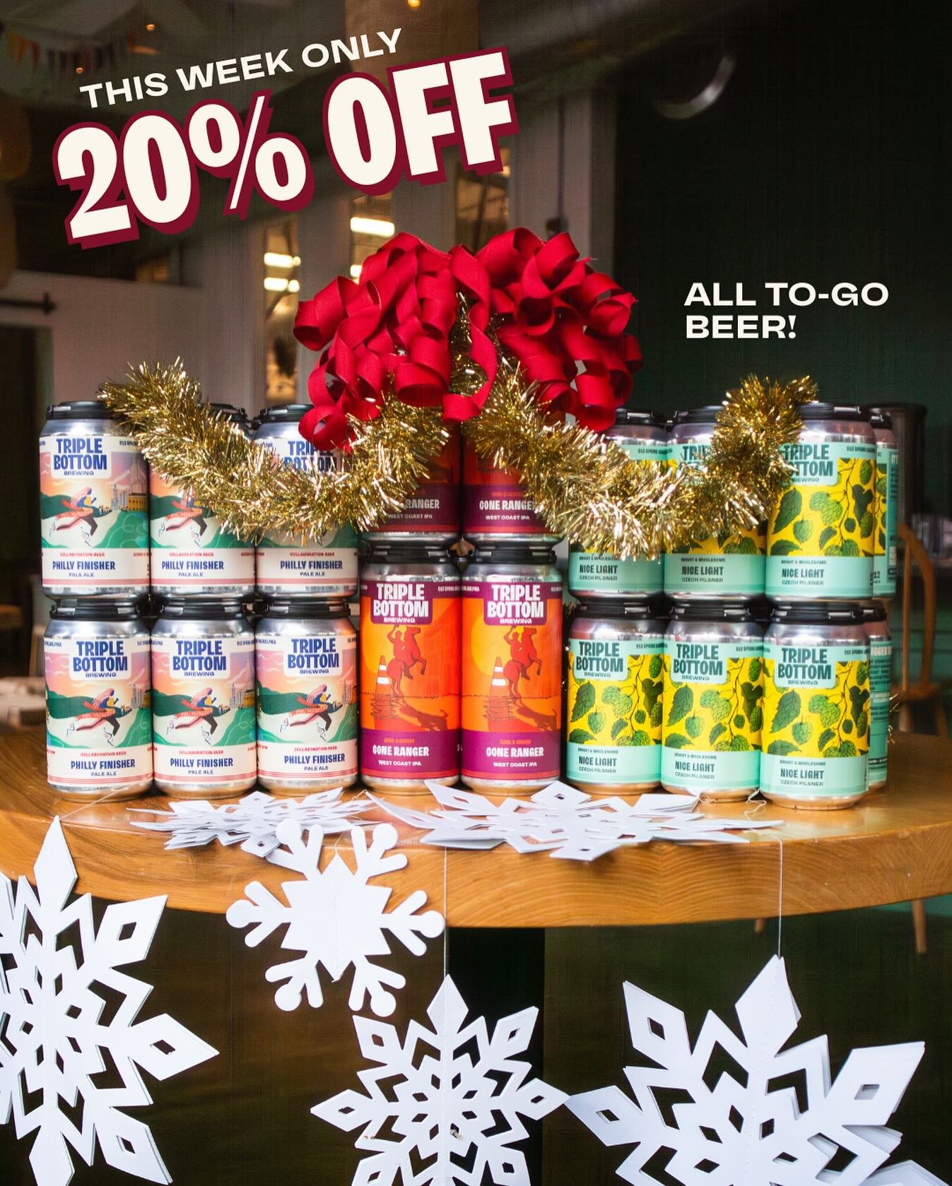 Bring the gift of beer to your holiday gatherings! This week only swing by the taproom and get 20% off all to-go beer! Our hours this week are:

Wednesday 3-10pm 
Thursday Closed for @muralarts Guild Program Graduation 
Friday 3-10pm
Saturday 12-10pm