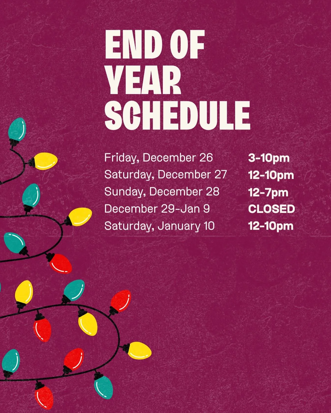 Happy holidays friends, this weekend is the last time to hang with us until the new year! 🎄We&rsquo;re closed for Christmas Eve &amp; Christmas but we reopen Friday-Saturday. After that, we&rsquo;ll be closed for the first week of January tom regrou