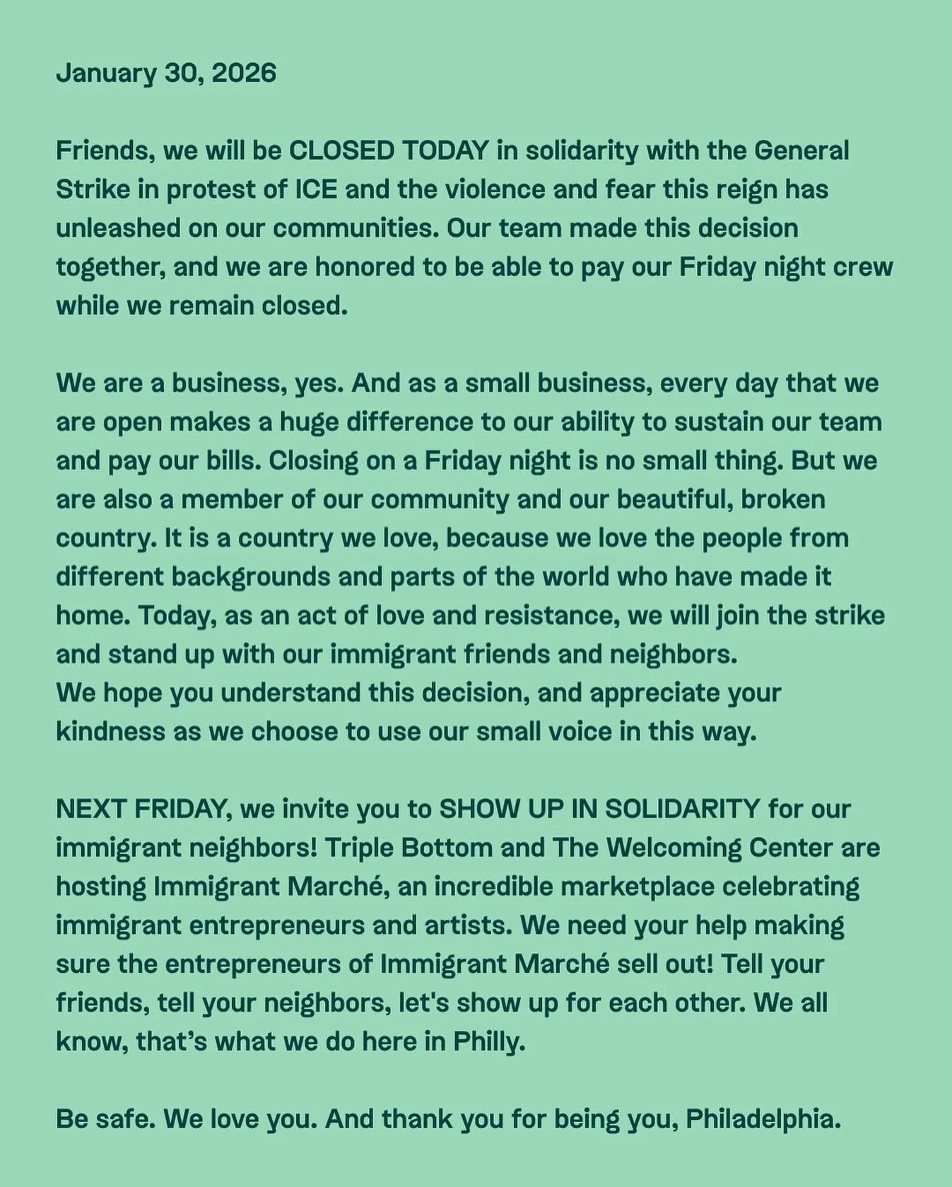 Closing our small business on a Friday is hard, but do you know what&rsquo;s harder? Watching citizens get shot and children get kidnapped. We stand in support of the general strike. You can come drink with us tomorrow, starting at noon.