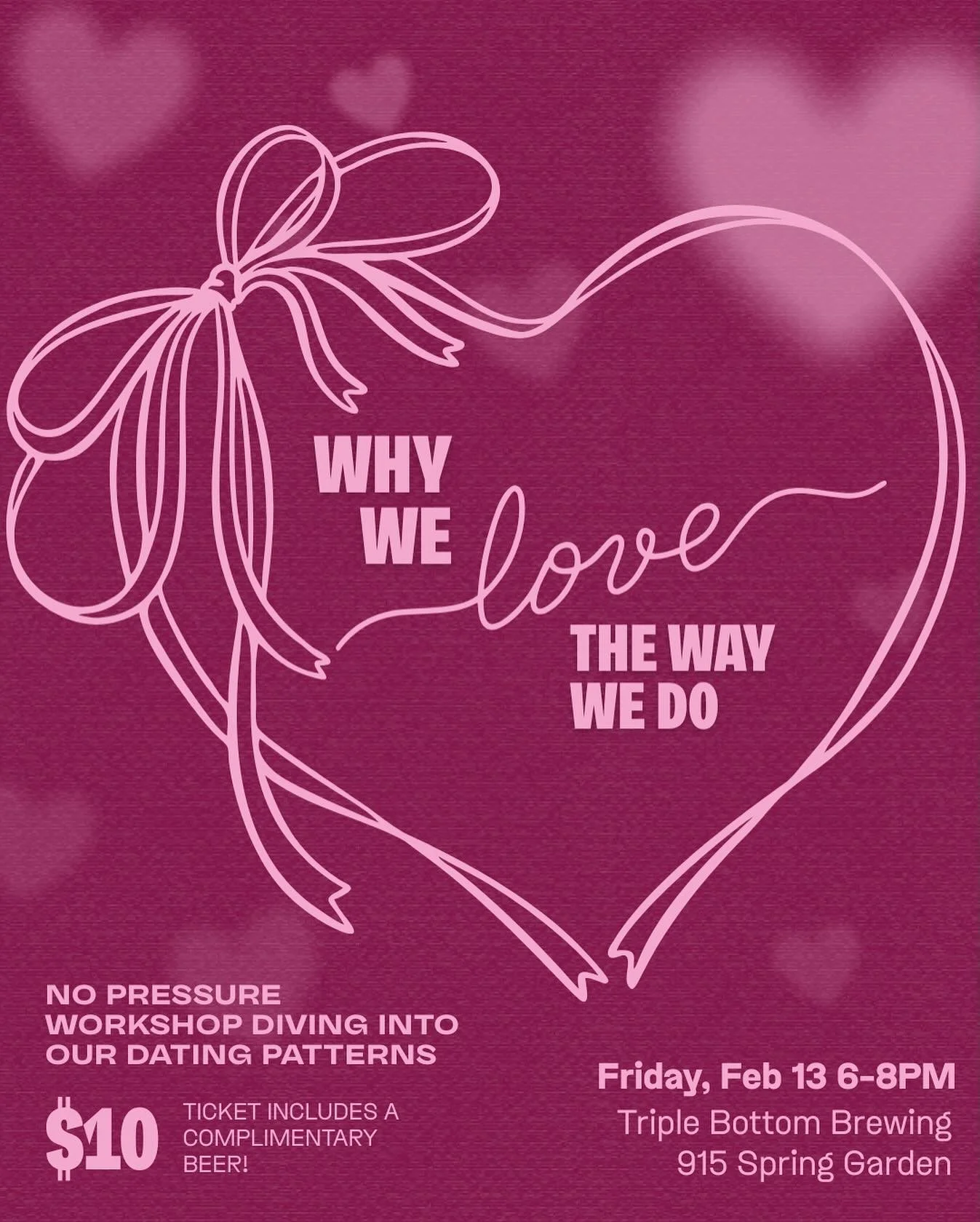 Ever wonder why you keep dating the same kind of person? Let&rsquo;s talk about it over a beer this Friday at the taproom!

Join us and&nbsp;Dr. Nitasha Strait&nbsp;of @thebetteryouinstitute for a night of pints, patterns, and possibilities. This fun