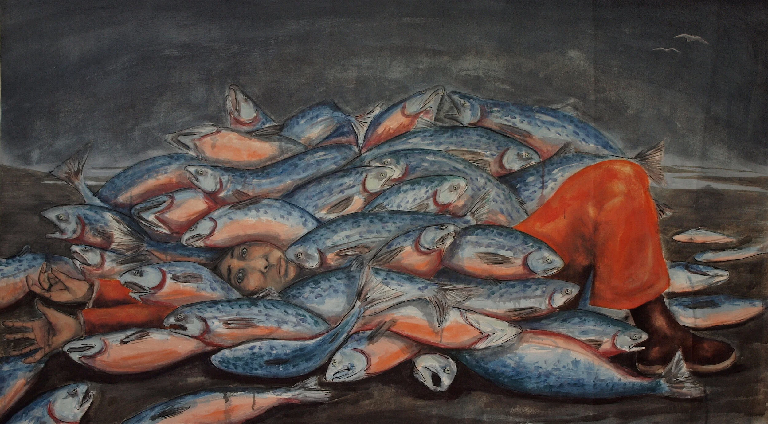 Blood, Sweat, Scales: 2014, mixed media on canvas, 5'9x3'1, NFS