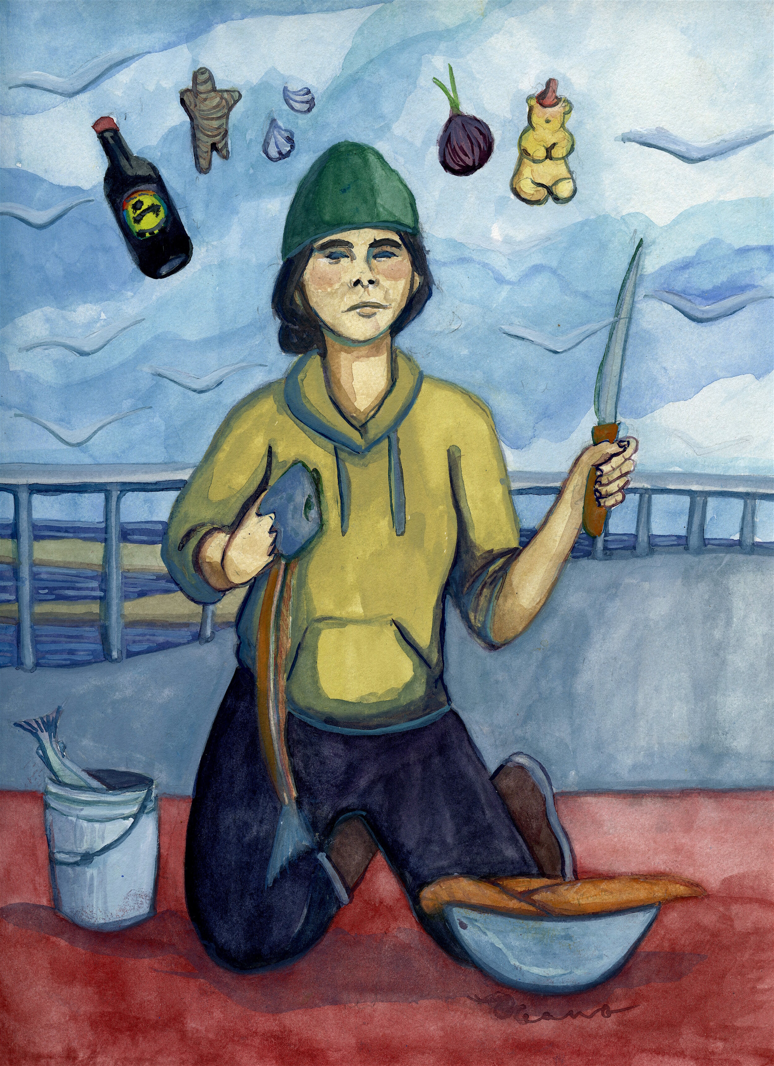Back Deck Dinner Plans: Gouache on paper, 9x12