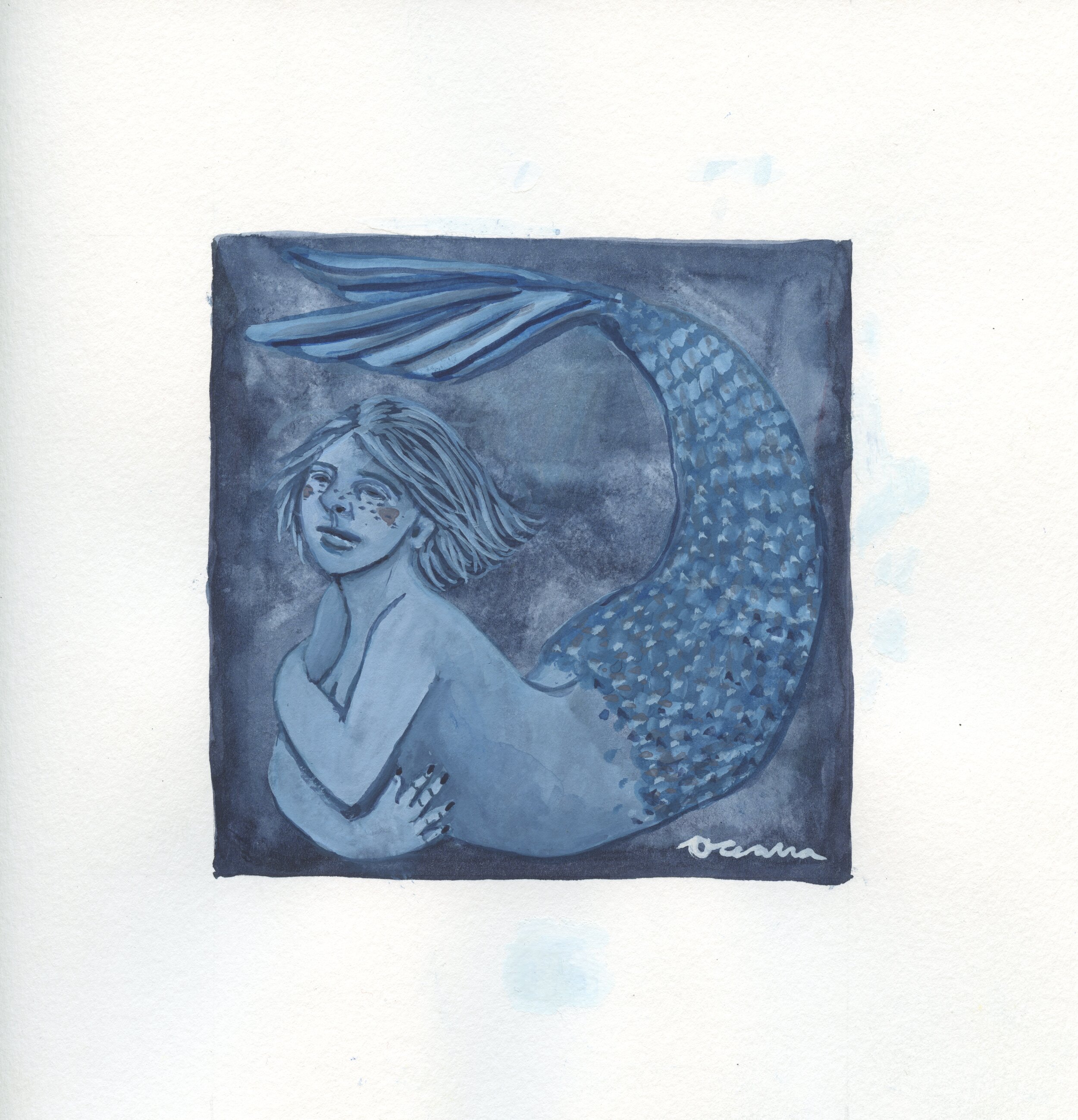 Blue Mermaid 2: Gouache on paper, 9x9, Sold