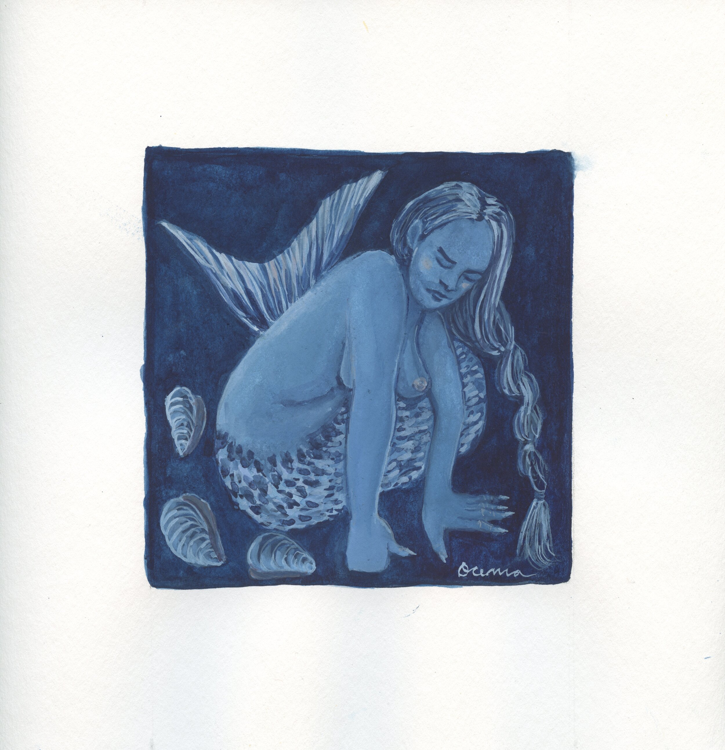 Blue Mermaid 3: Gouache on paper, 9x9, Sold