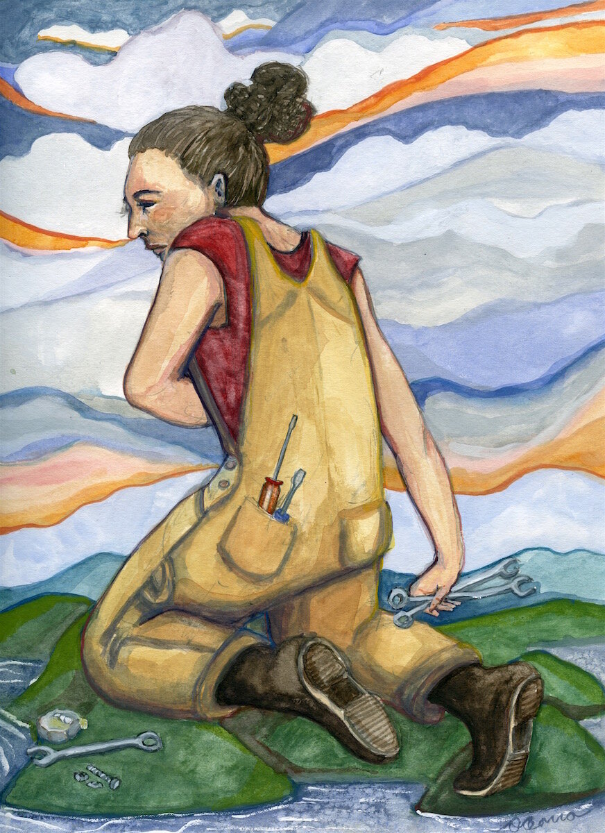 Girl with Wrenches: Gouache on paper, 9x12, Sold