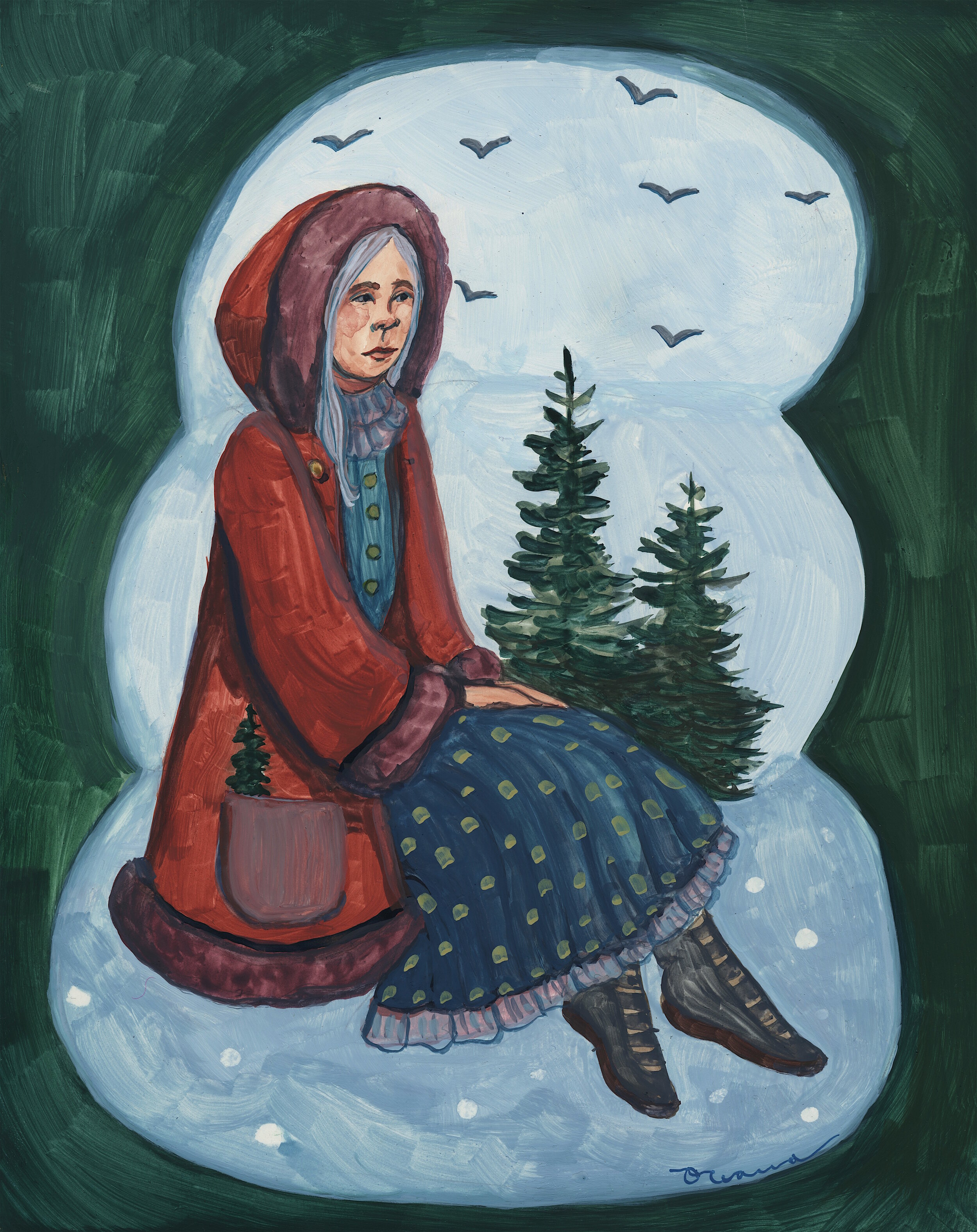 Frost Girl with Spruce: Gouache on claybord, 9x12, Sold