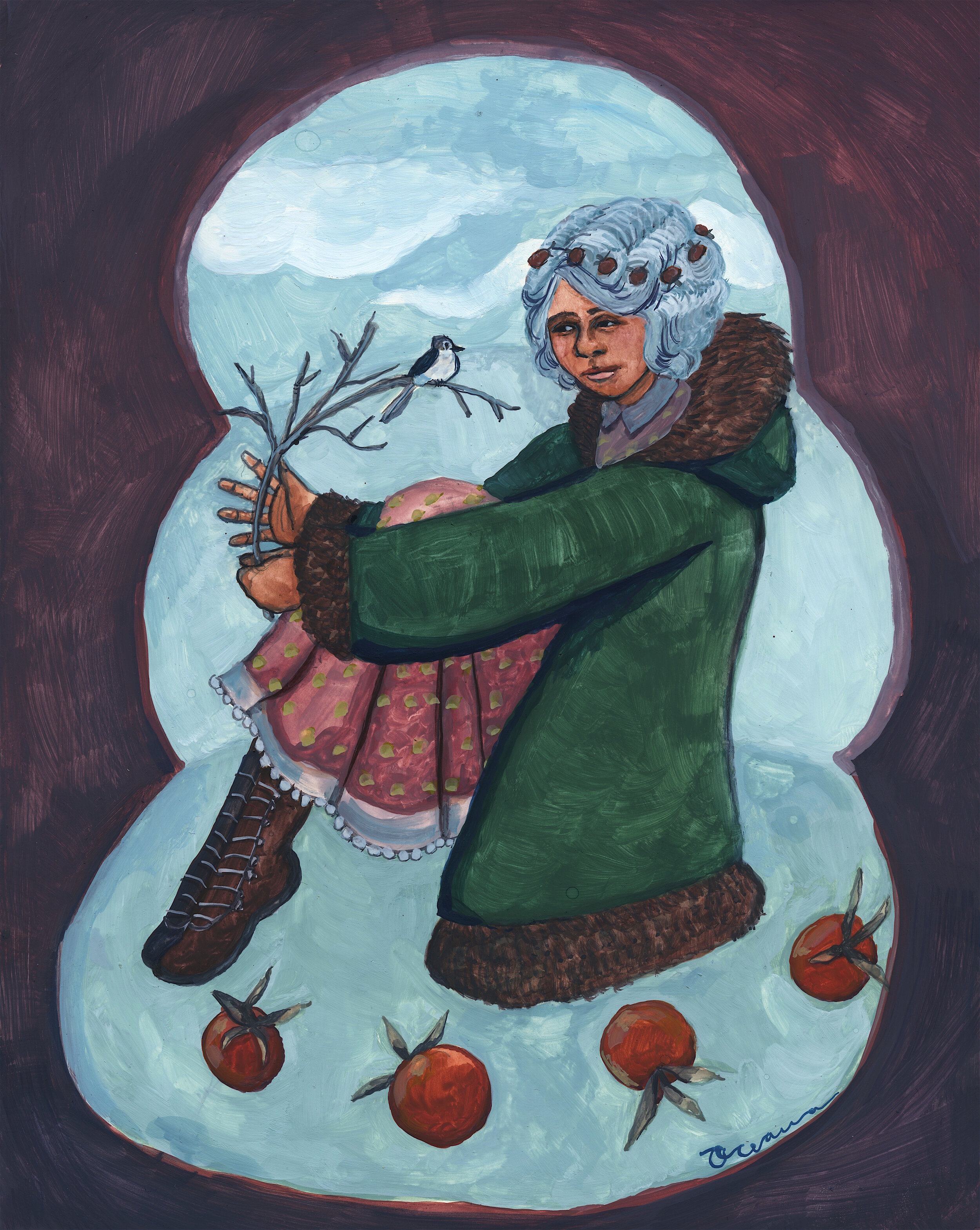 Frost Girl with Rosehips: Gouache on claybord, 9x12, Sold