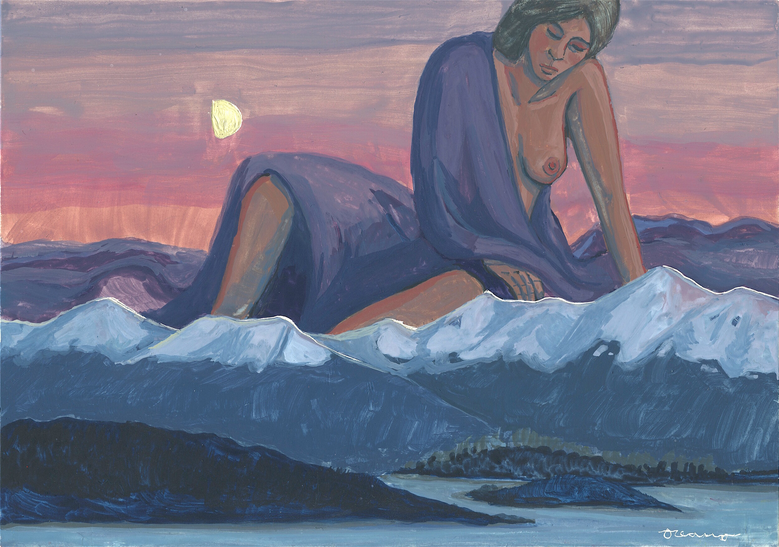 Moonrise: Gouache on claybord, 5x7, Sold