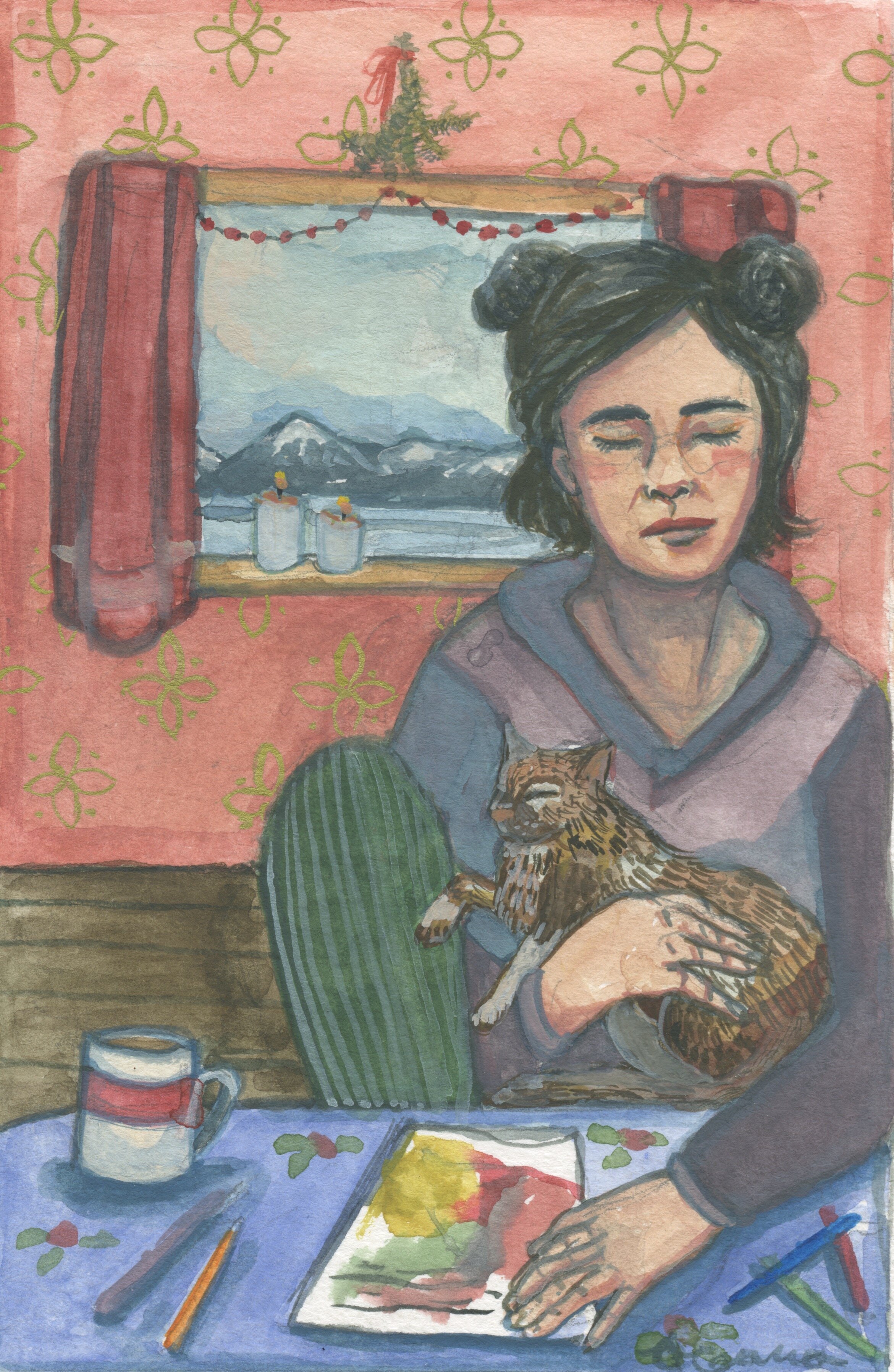 Art Party with Cat: Gouache on paper, Sold