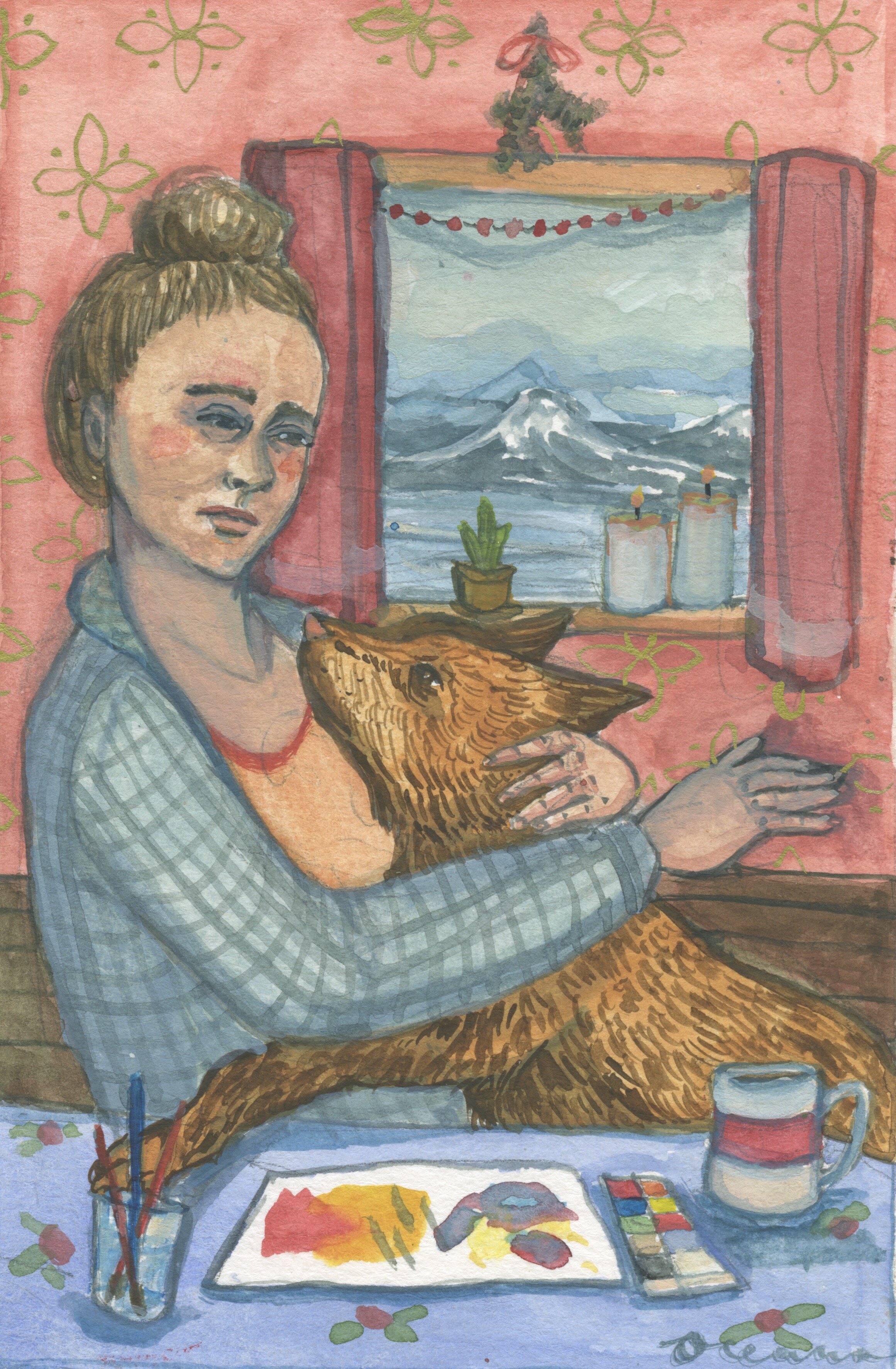 Art Party with Dog: Gouache on paper, Sold