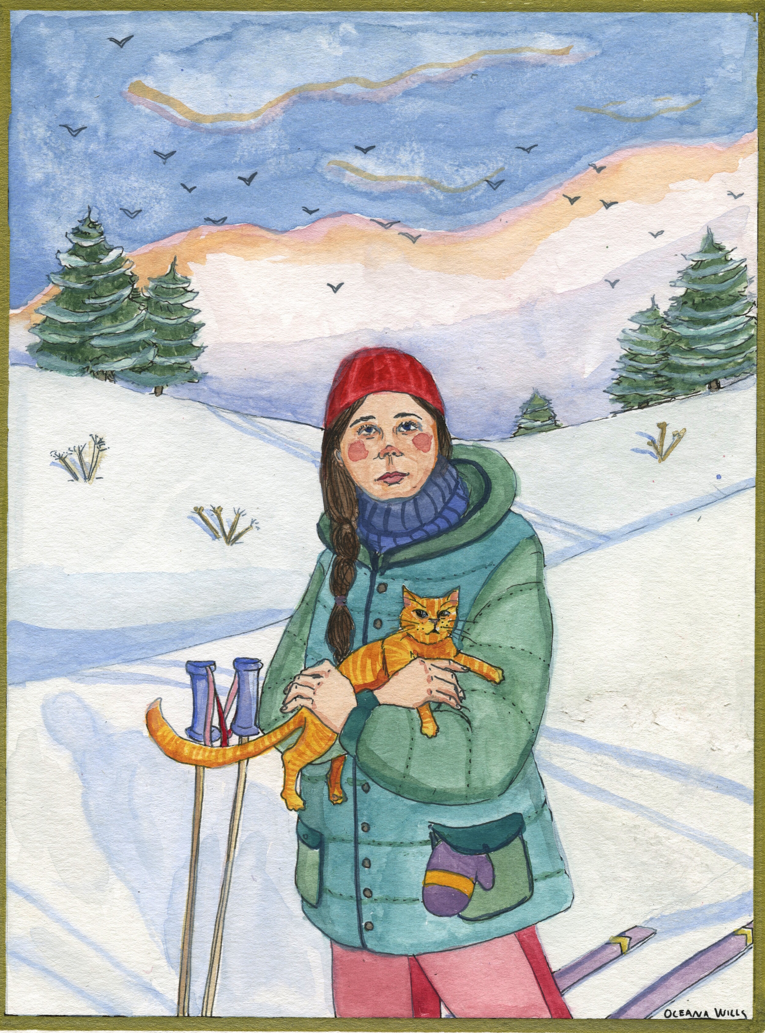 Morning Ski: Gouache & pen on paper, 8x10, Sold