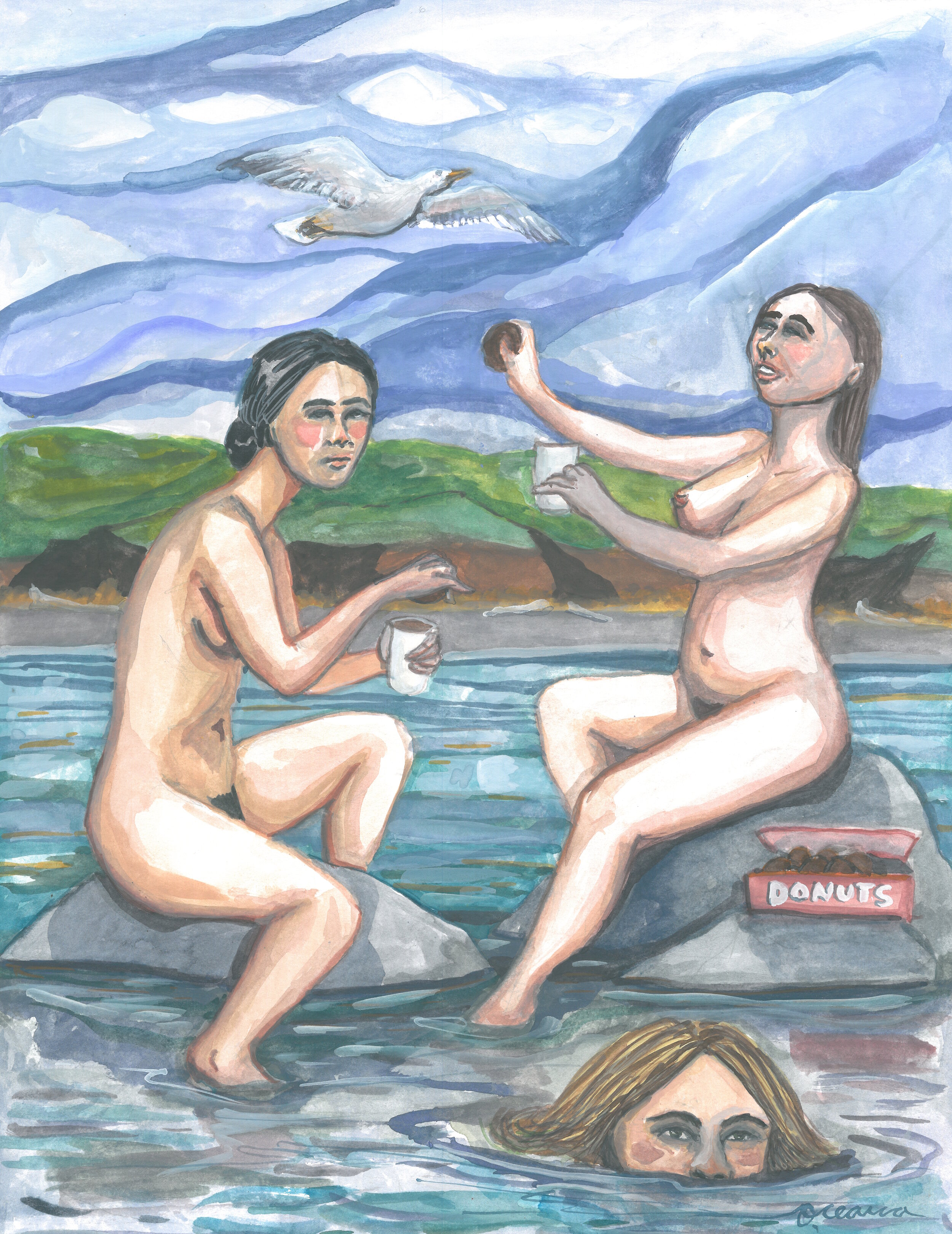 Communion with Coffee and Donuts: Gouache on paper, 11x14, Sold