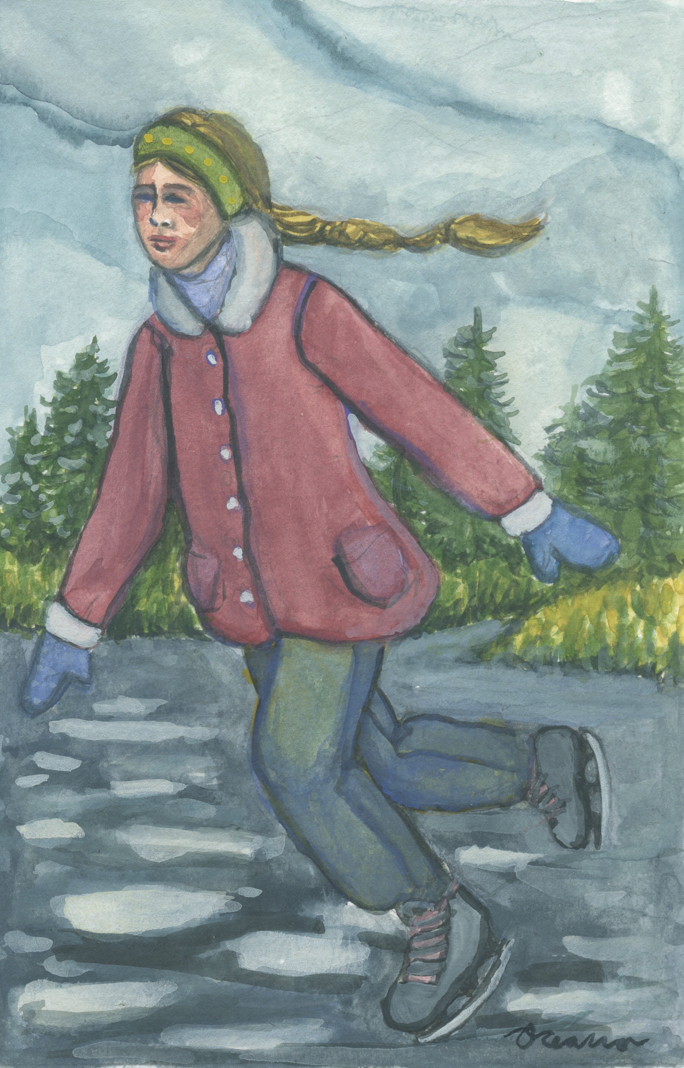 Skater with Braid: Gouache on paper, Sold