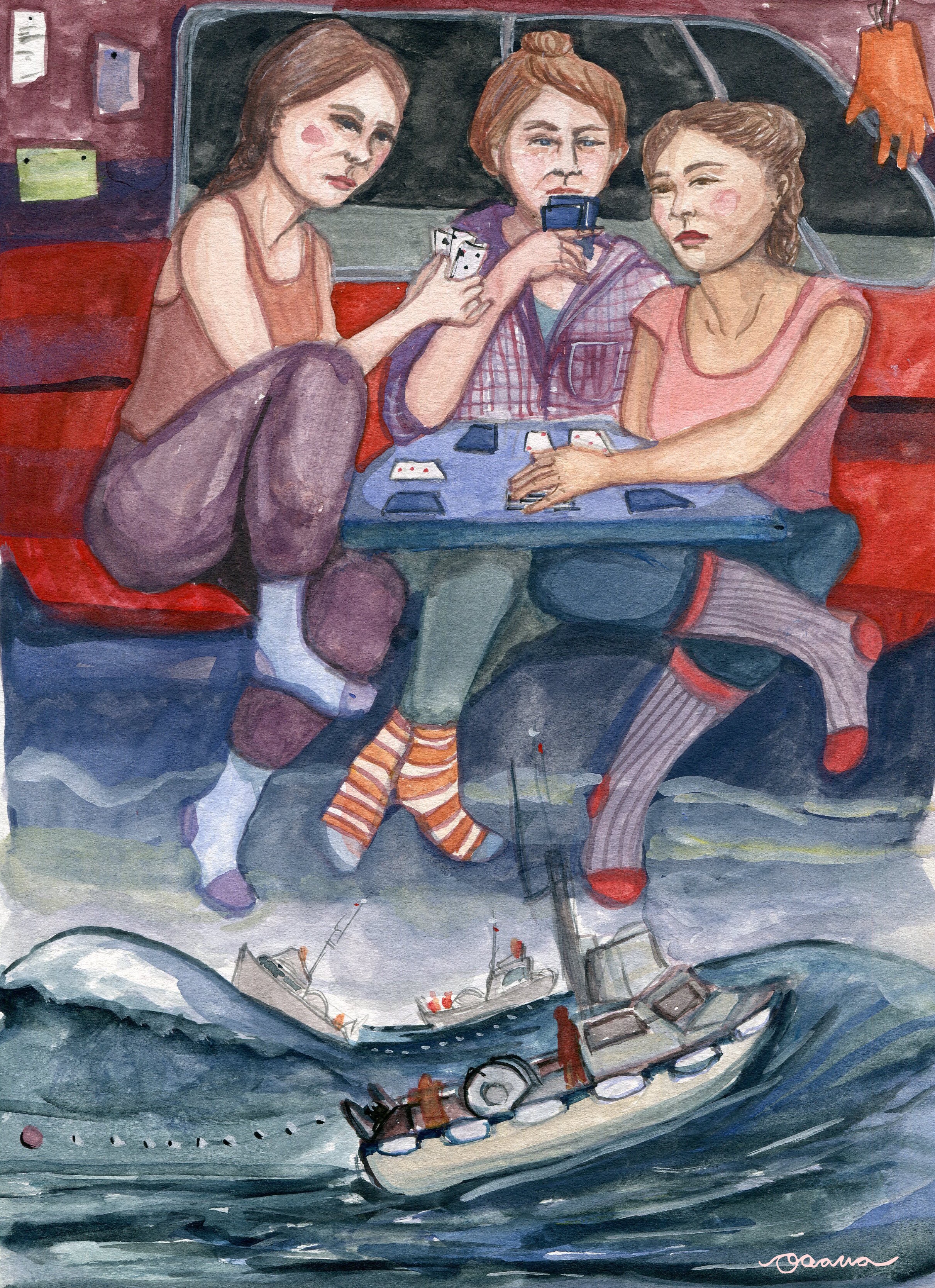 Three Gals on a Boat: Gouache on paper, 9x12, Sold