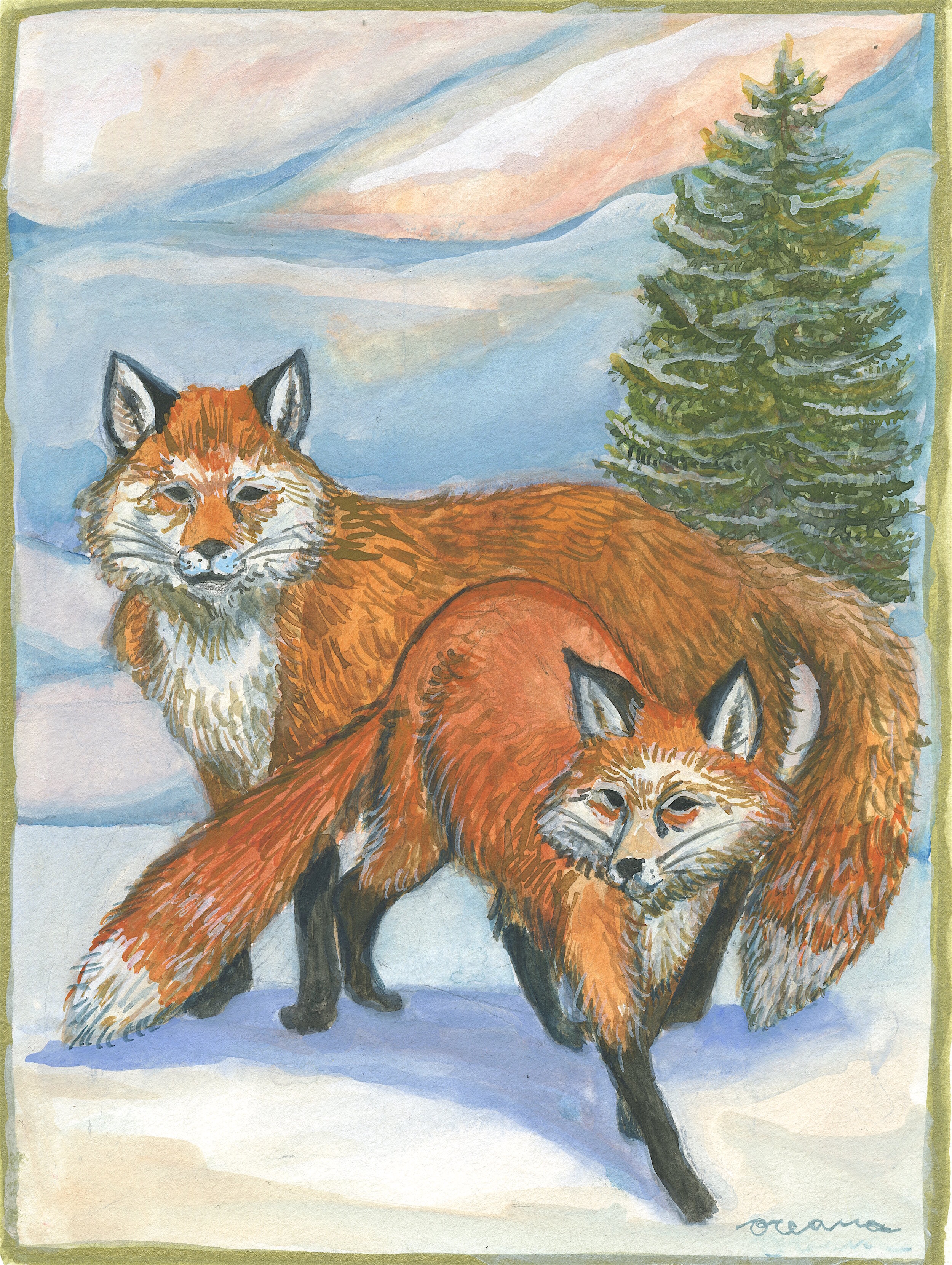 Foxes: Gouache on paper, 8x10, Sold