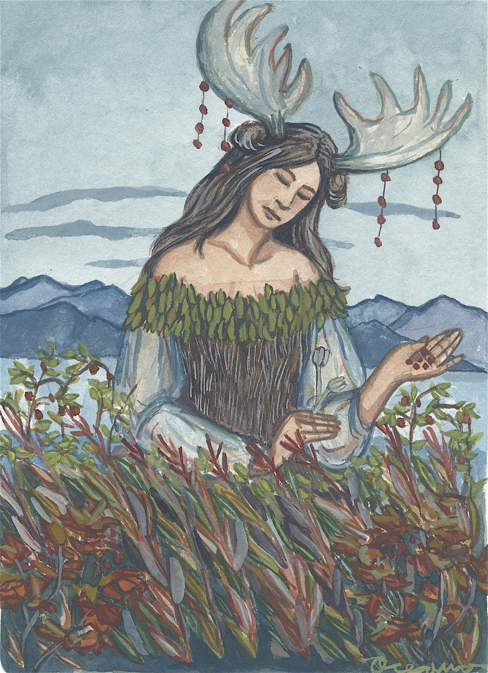 Lady of the Moose: Gouache on paper, 6x8