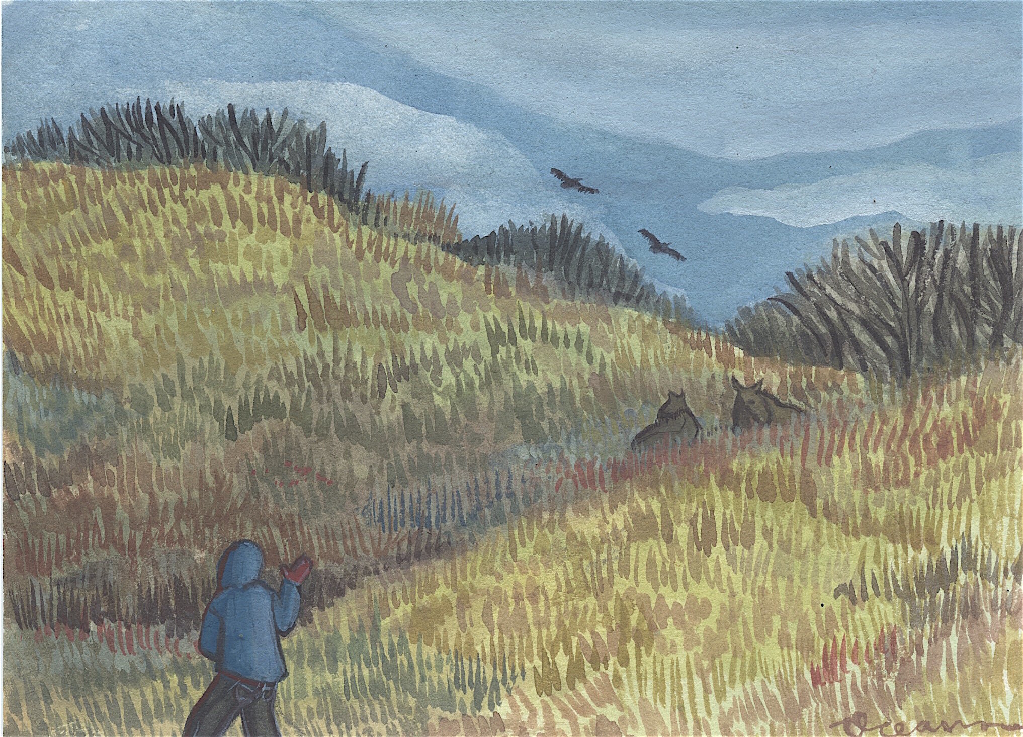 Moose Meadow 1: Gouache on paper, 7x5
