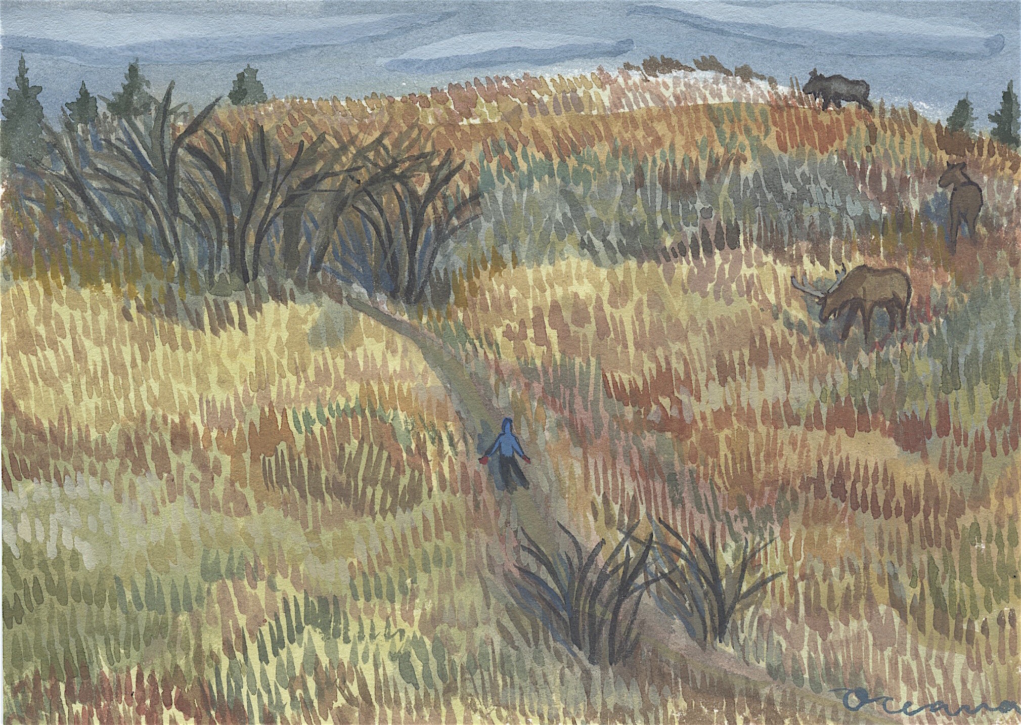 Moose Meadow 2: Gouache on paper, 7x5