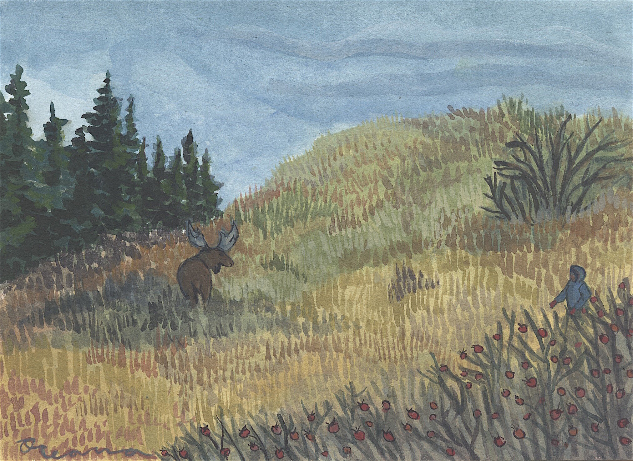 Moose Meadow 3: Gouache on paper, 7x5