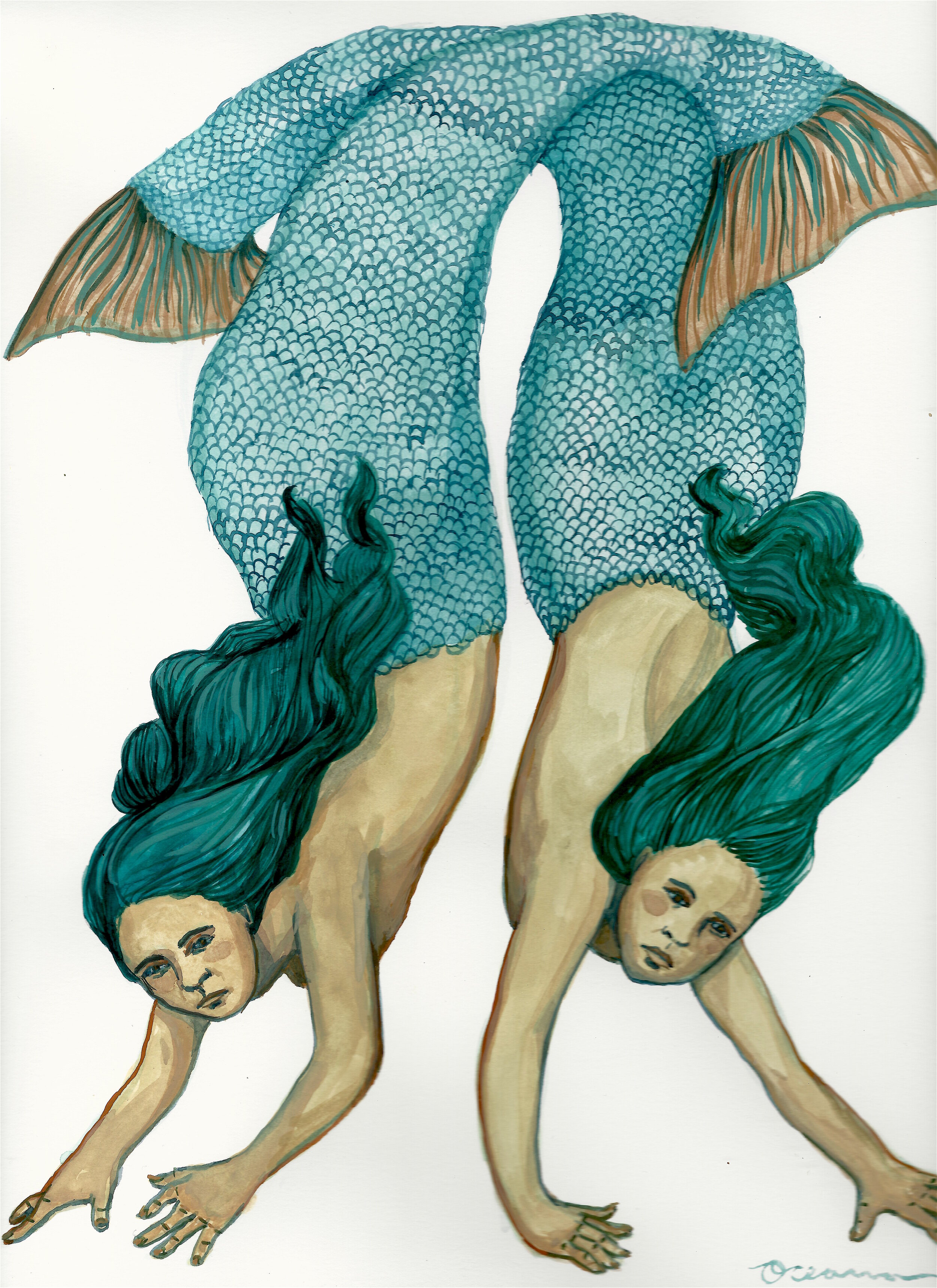 Mer Twins: Gouache on paper, 9x12, Sold